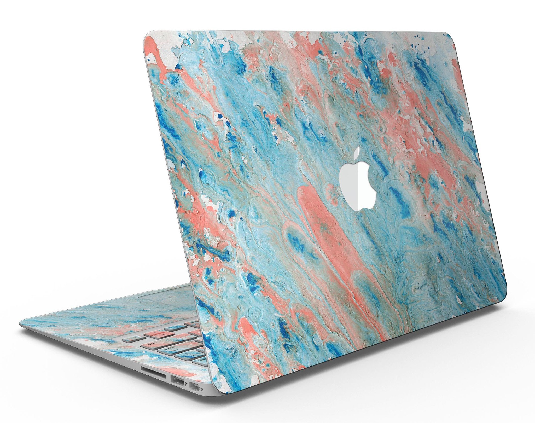 Abstract Wet Paint Coral Blues skin kit for MacBook Air, showcasing vibrant colors and artistic design.