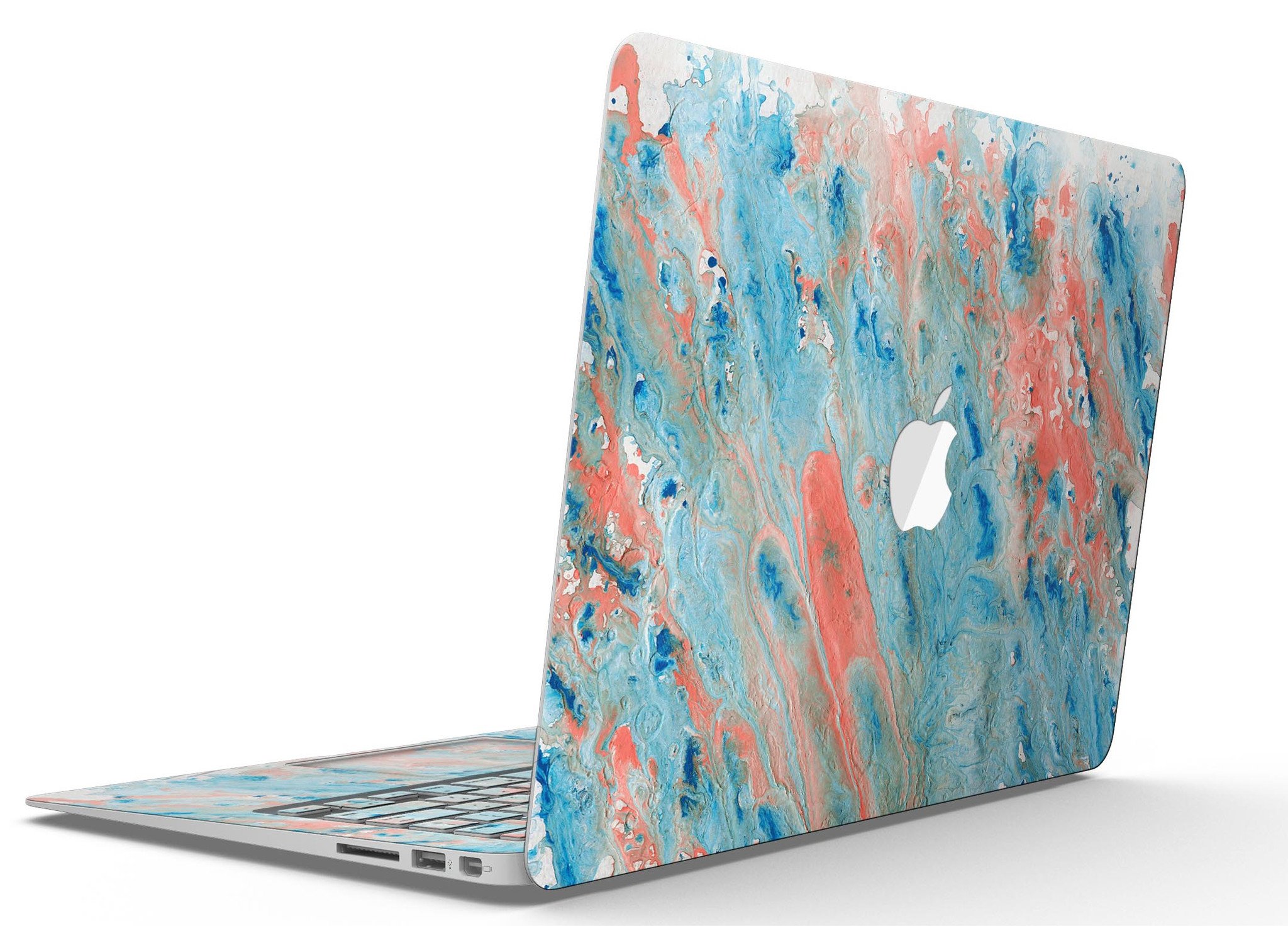 Abstract Wet Paint Coral Blues skin kit for MacBook Air, showcasing vibrant colors and artistic design.