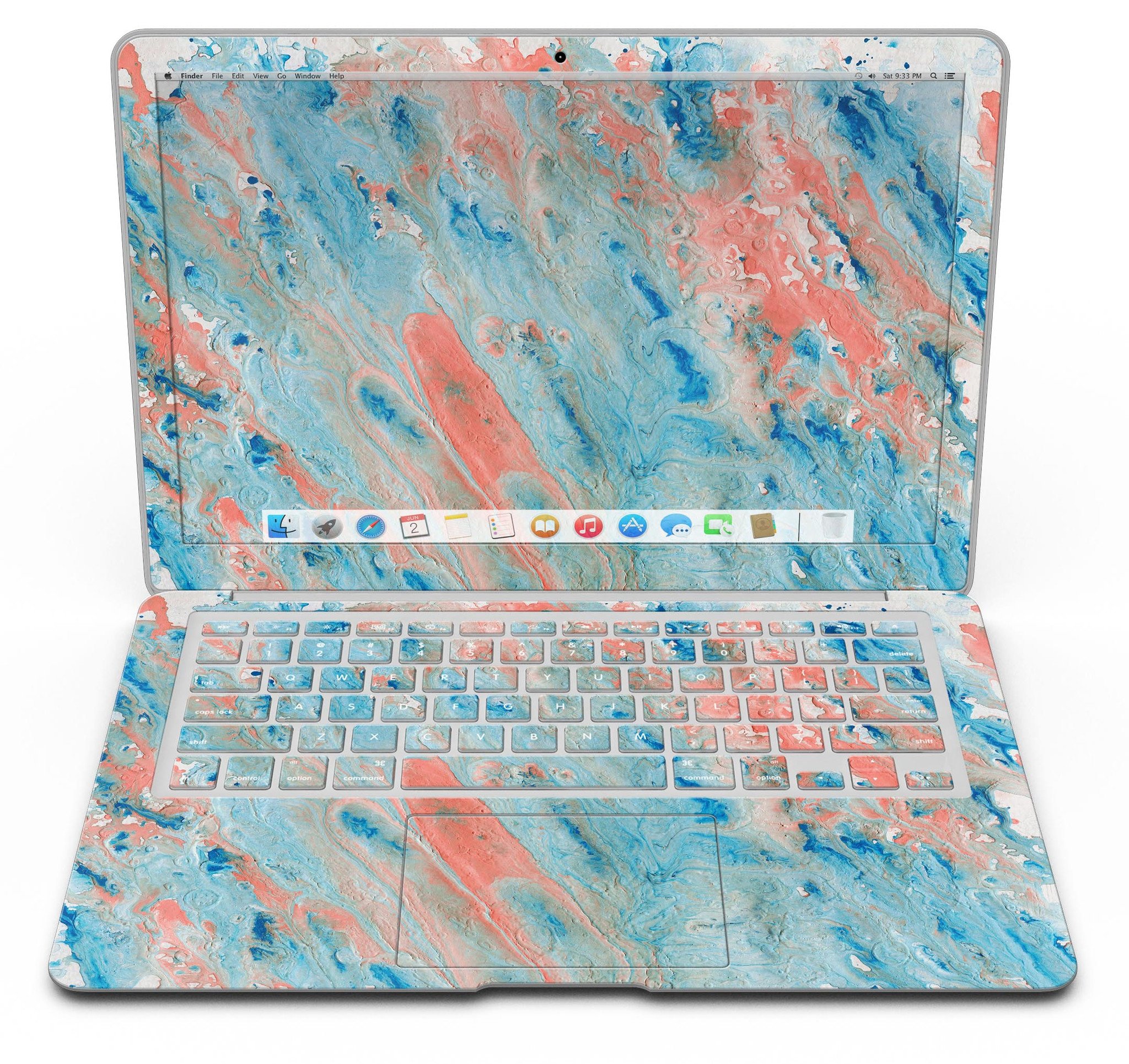 Abstract Wet Paint Coral Blues skin kit for MacBook Air, showcasing vibrant colors and artistic design.