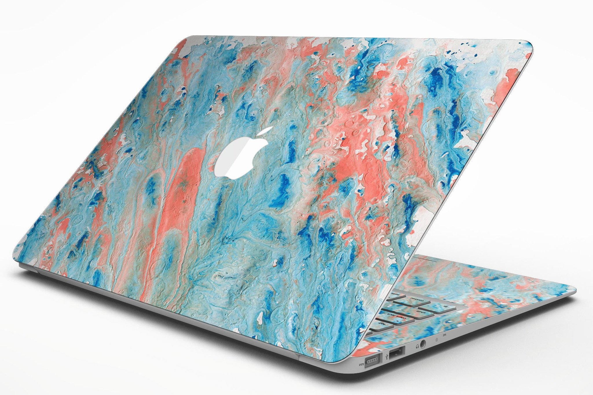 Abstract Wet Paint Coral Blues skin kit for MacBook Air, showcasing vibrant colors and artistic design.