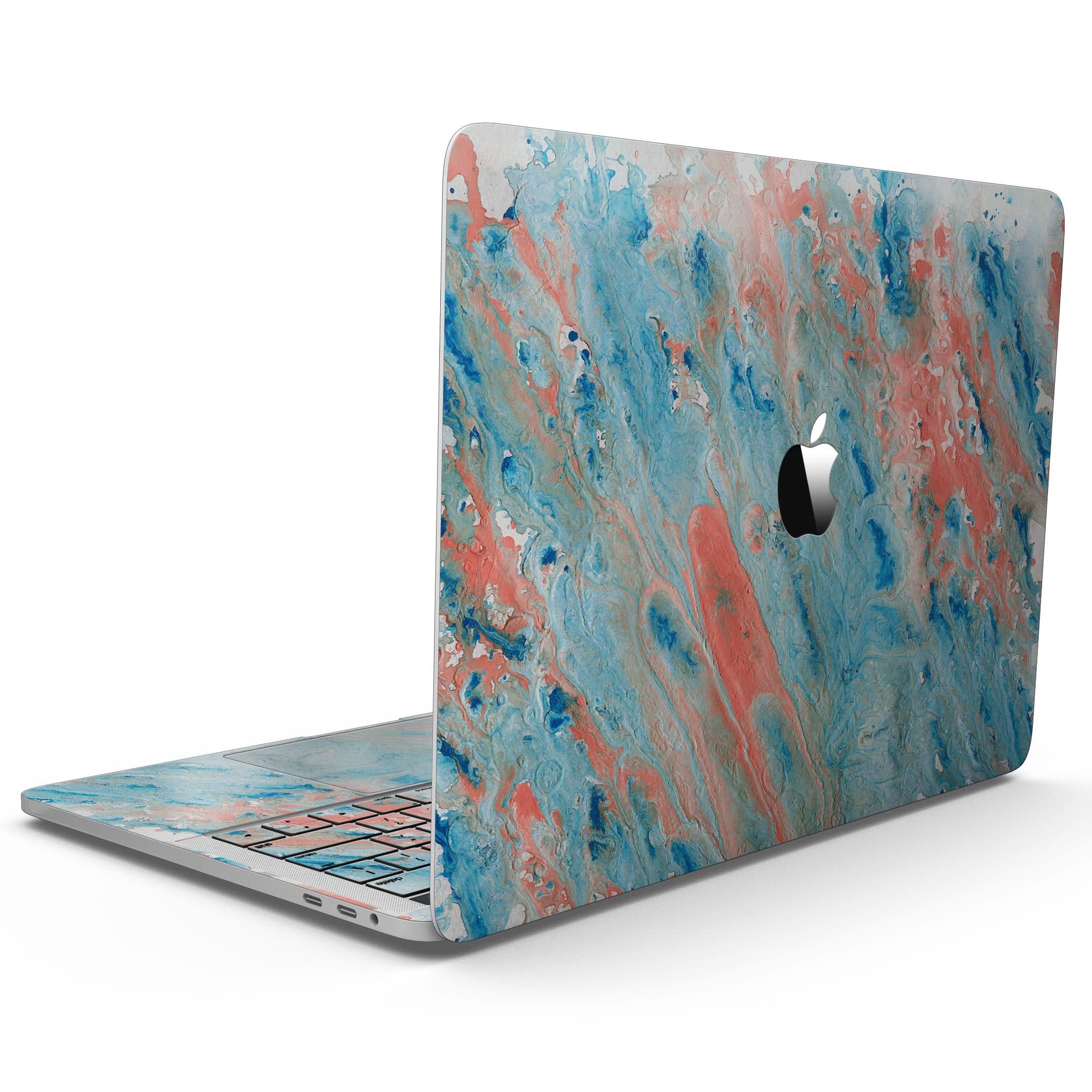 Abstract Wet Paint Coral Blues skin for MacBook Pro with Touch Bar, showcasing vibrant colors and a sleek design.