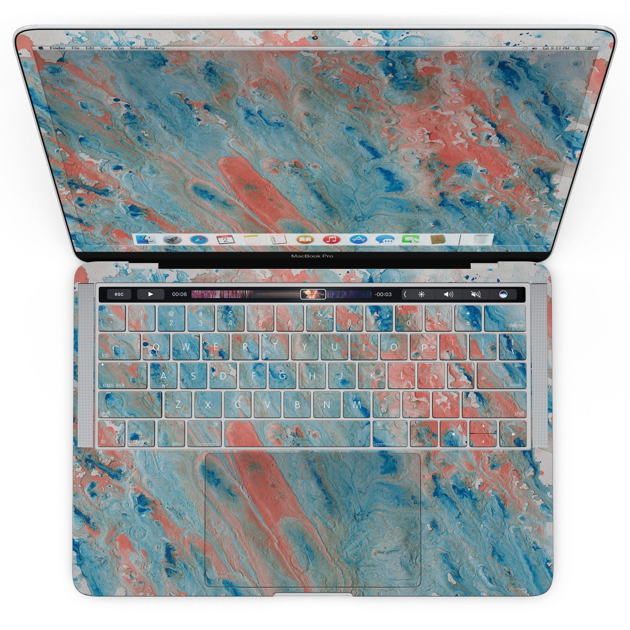 Abstract Wet Paint Coral Blues skin for MacBook Pro with Touch Bar, showcasing vibrant colors and a sleek design.