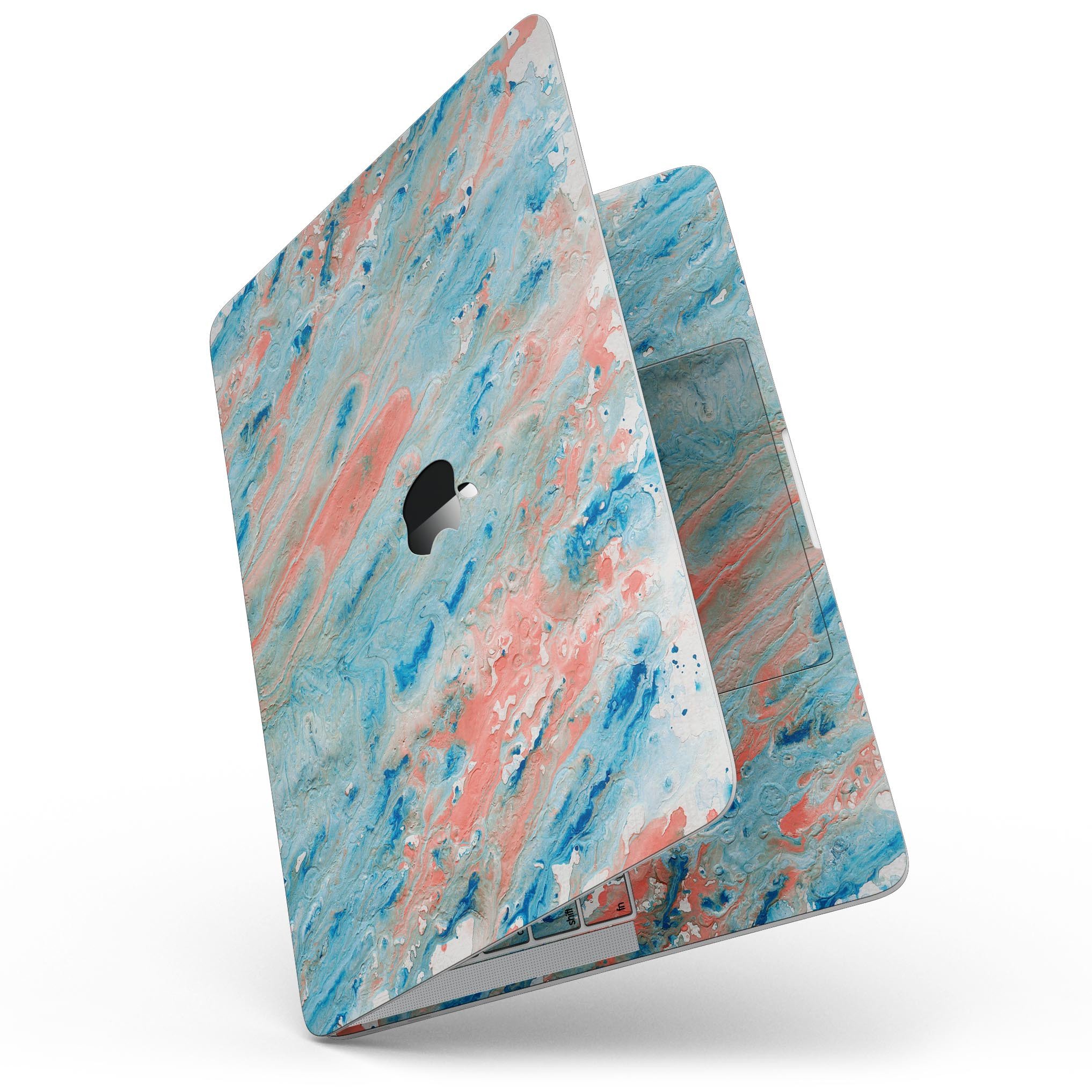 Abstract Wet Paint Coral Blues skin for MacBook Pro with Touch Bar, showcasing vibrant colors and a sleek design.