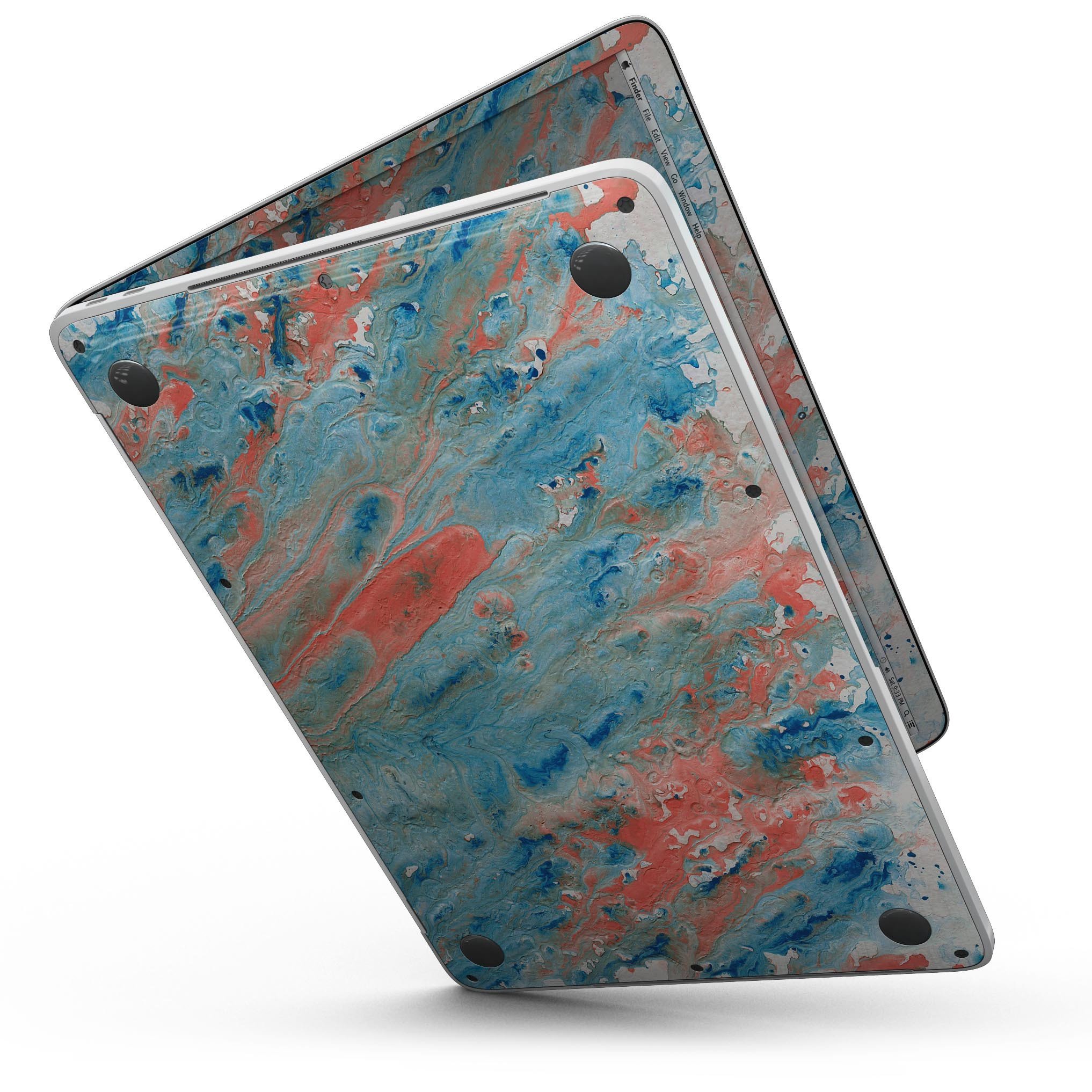 Abstract Wet Paint Coral Blues skin for MacBook Pro with Touch Bar, showcasing vibrant colors and a sleek design.