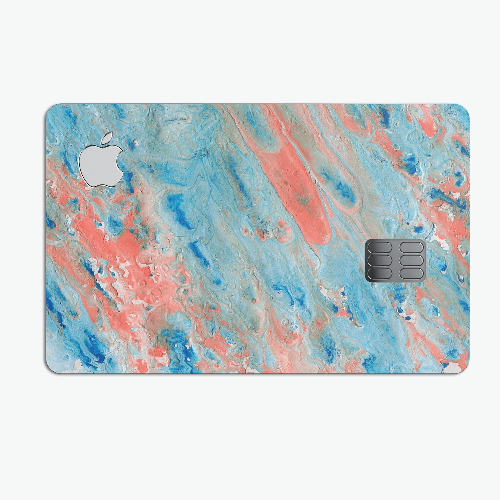 Abstract Wet Paint Coral Blues skin kit for Apple Card, showcasing vibrant colors and premium vinyl material.