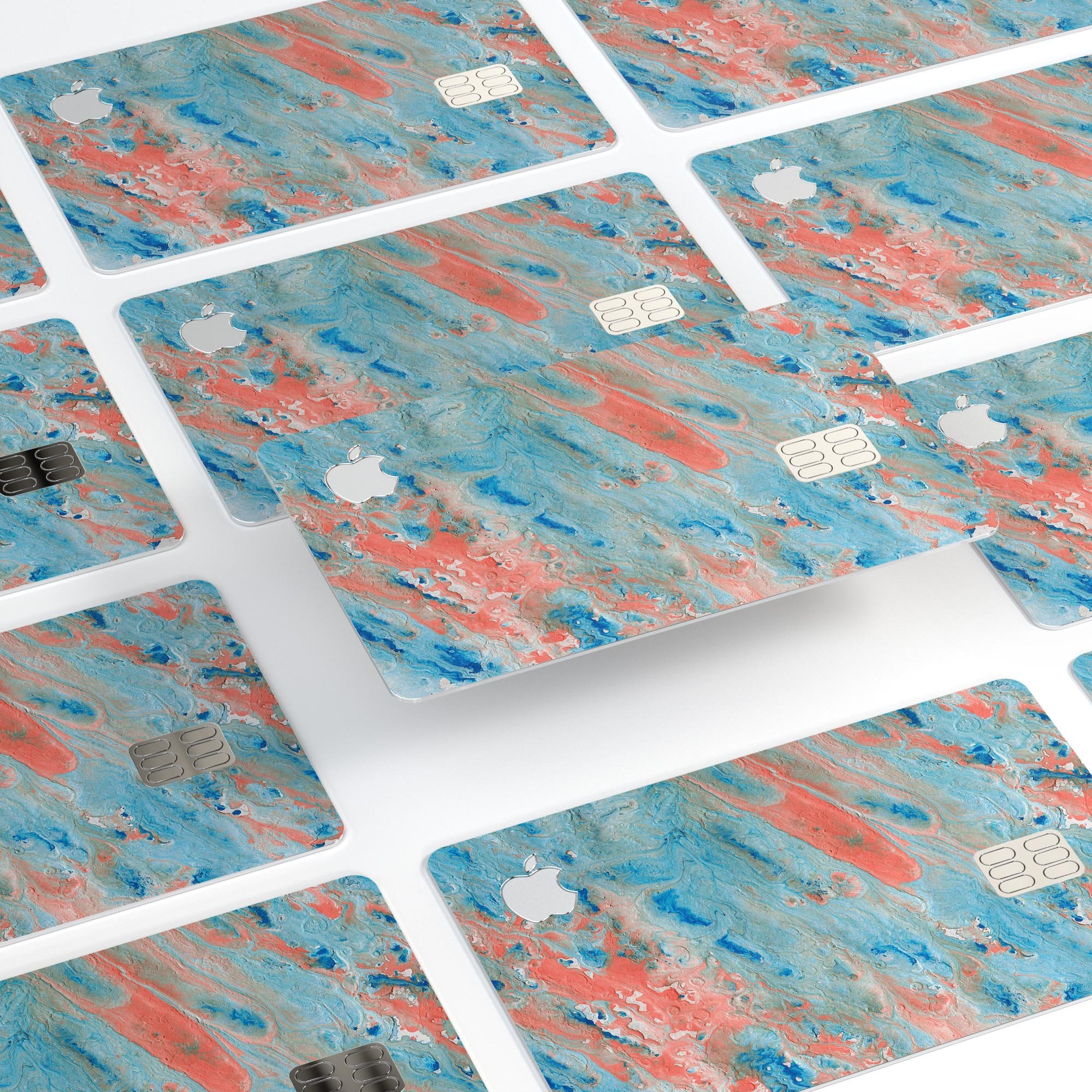 Abstract Wet Paint Coral Blues skin kit for Apple Card, showcasing vibrant colors and premium vinyl material.