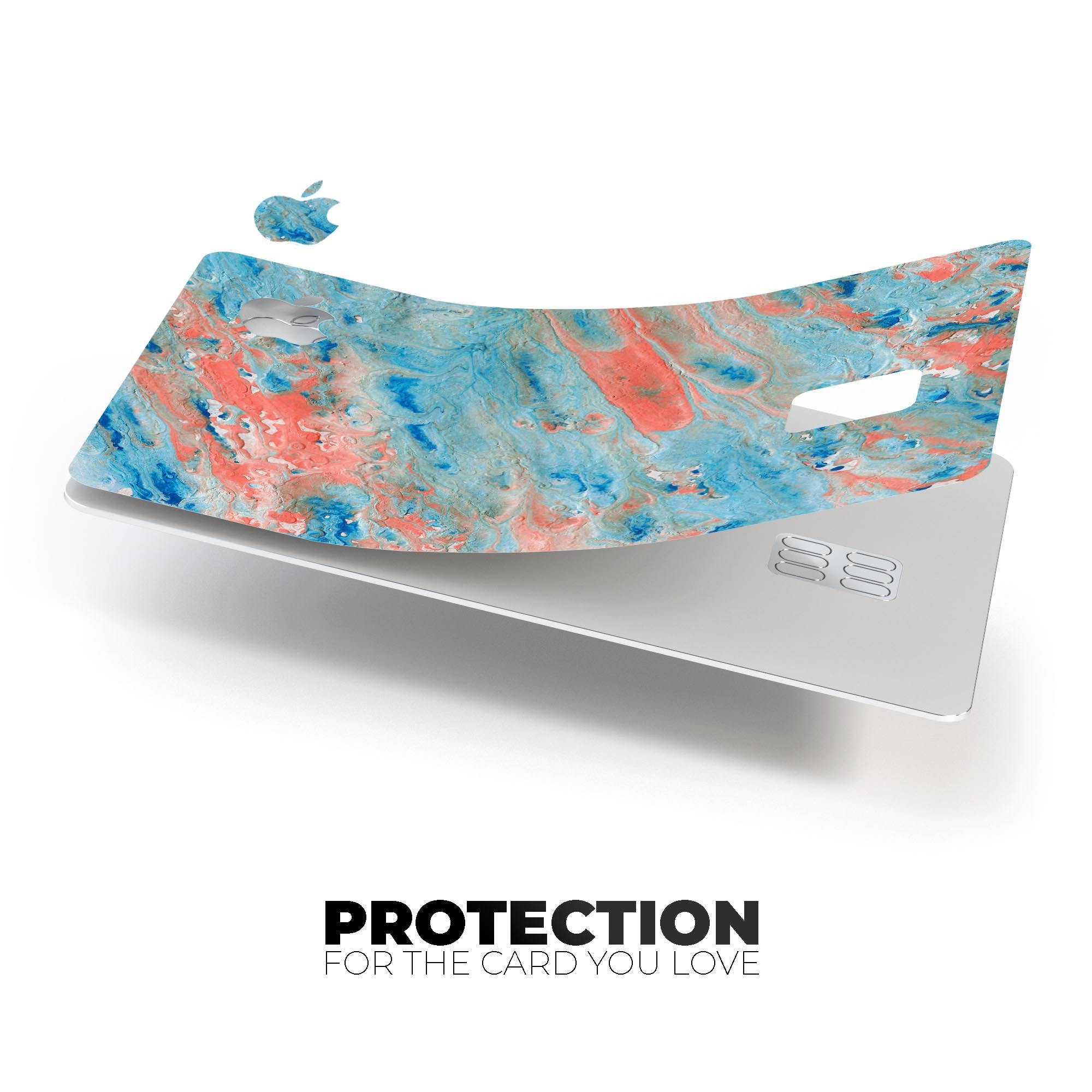 Abstract Wet Paint Coral Blues skin kit for Apple Card, showcasing vibrant colors and premium vinyl material.