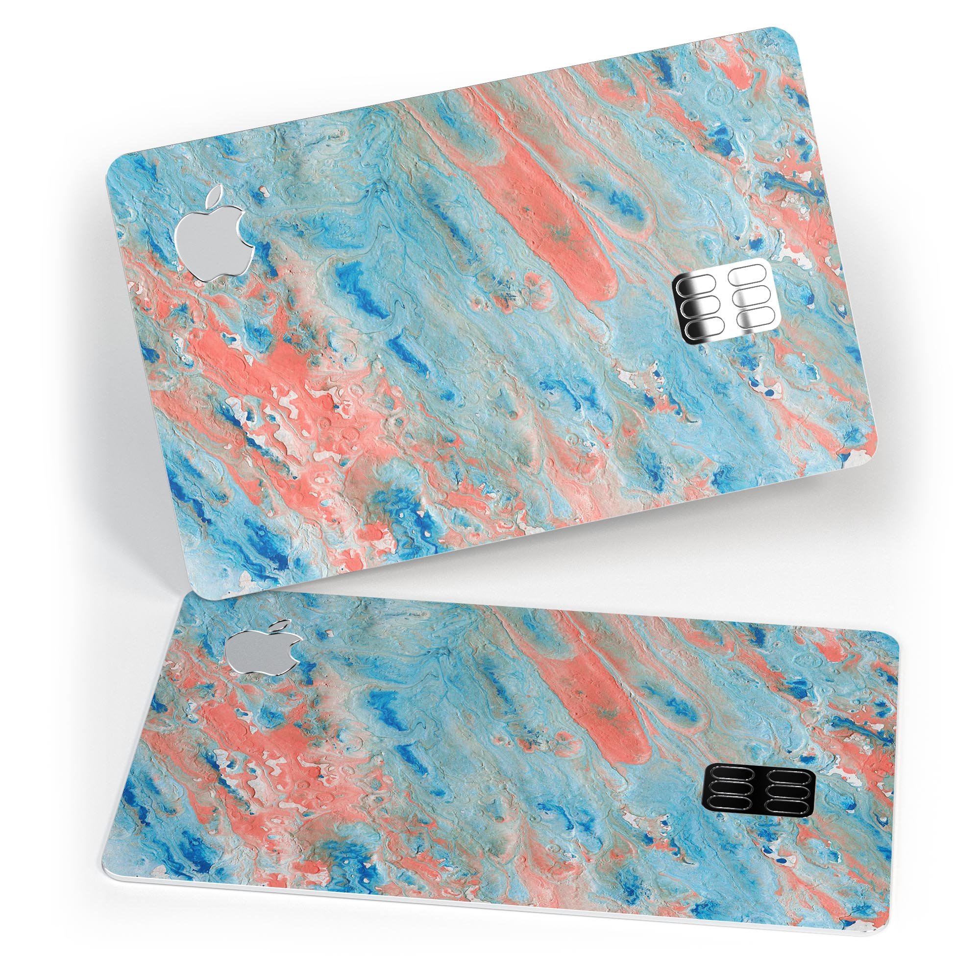 Abstract Wet Paint Coral Blues skin kit for Apple Card, showcasing vibrant colors and premium vinyl material.