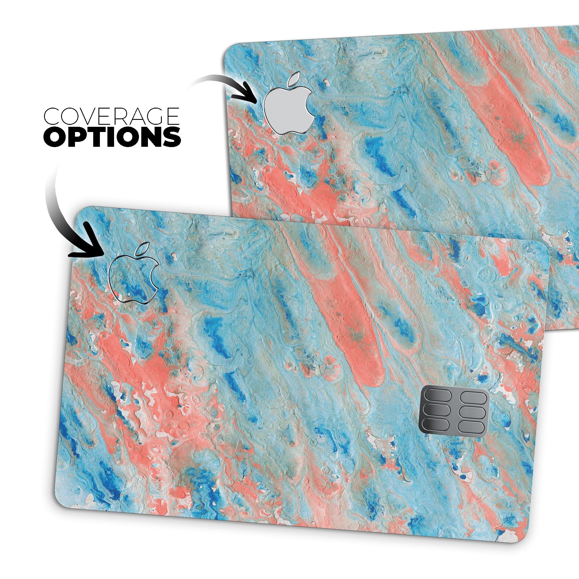 Abstract Wet Paint Coral Blues skin kit for Apple Card, showcasing vibrant colors and premium vinyl material.