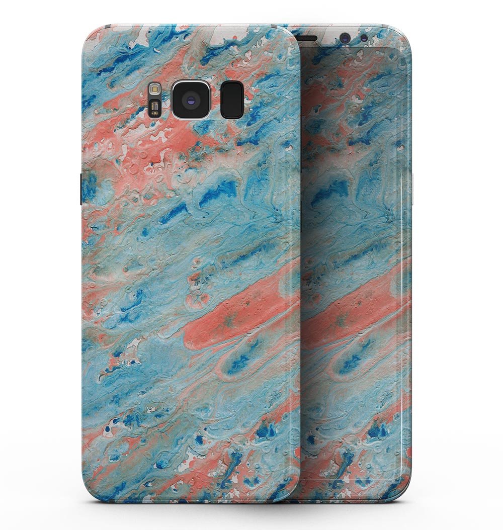 Samsung Galaxy S8 with Abstract Wet Paint Coral Blues skin, showcasing vibrant colors and artistic design.