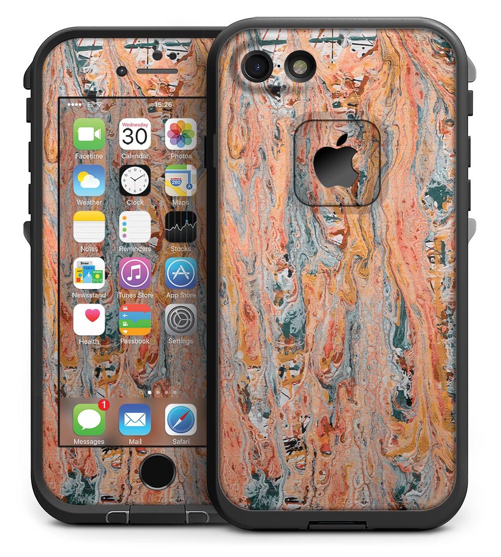 Abstract Wet Paint Coral Love skin kit for iPhone 7 LifeProof Fre Case, showcasing vibrant colors and unique design.