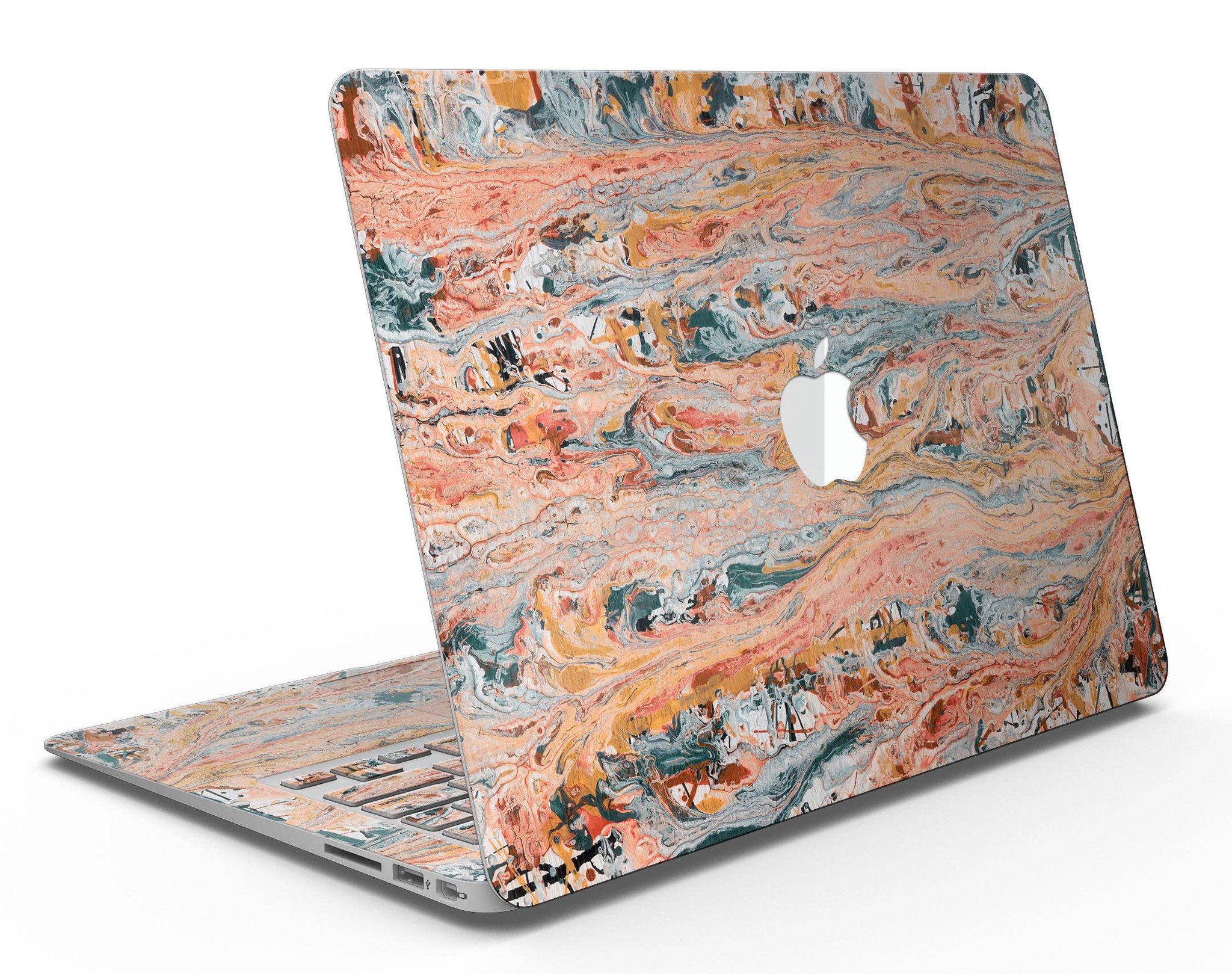 Abstract Wet Paint Coral Love skin kit for MacBook Air, showcasing vibrant coral design and premium vinyl material.