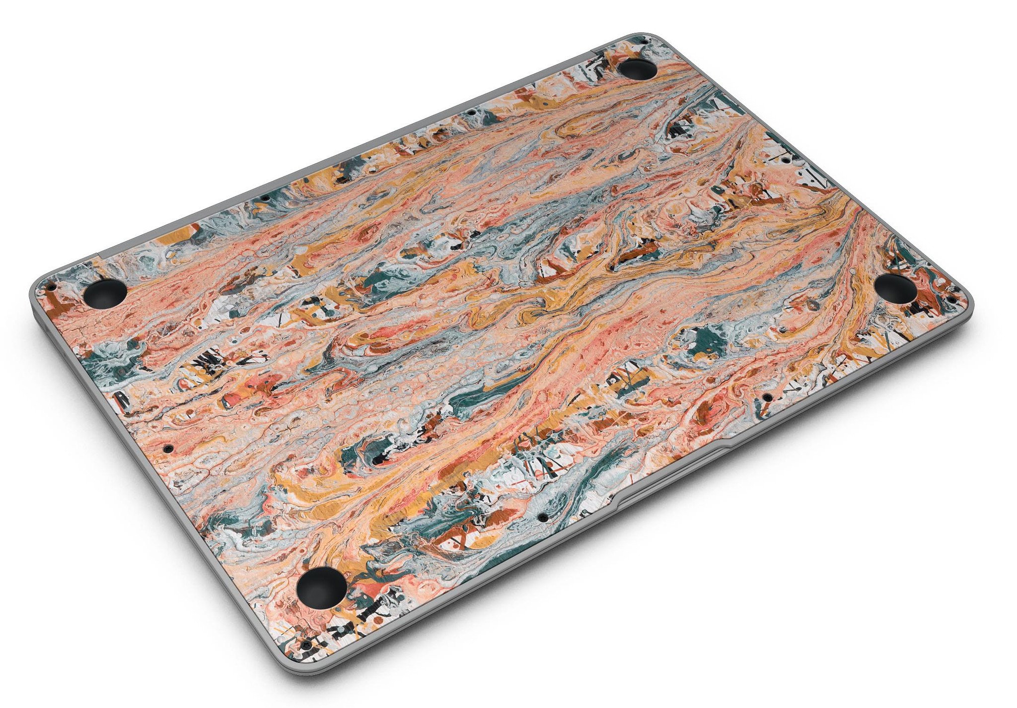 Abstract Wet Paint Coral Love skin kit for MacBook Air, showcasing vibrant coral design and premium vinyl material.