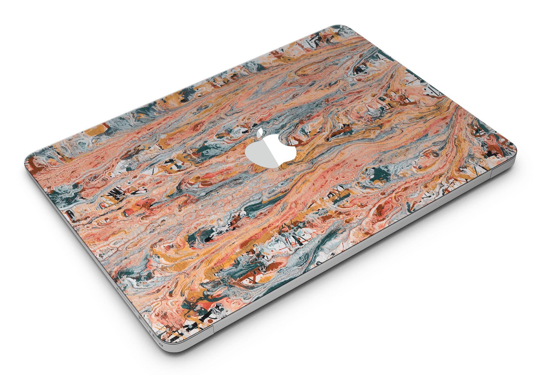 Abstract Wet Paint Coral Love skin kit for MacBook Air, showcasing vibrant coral design and premium vinyl material.