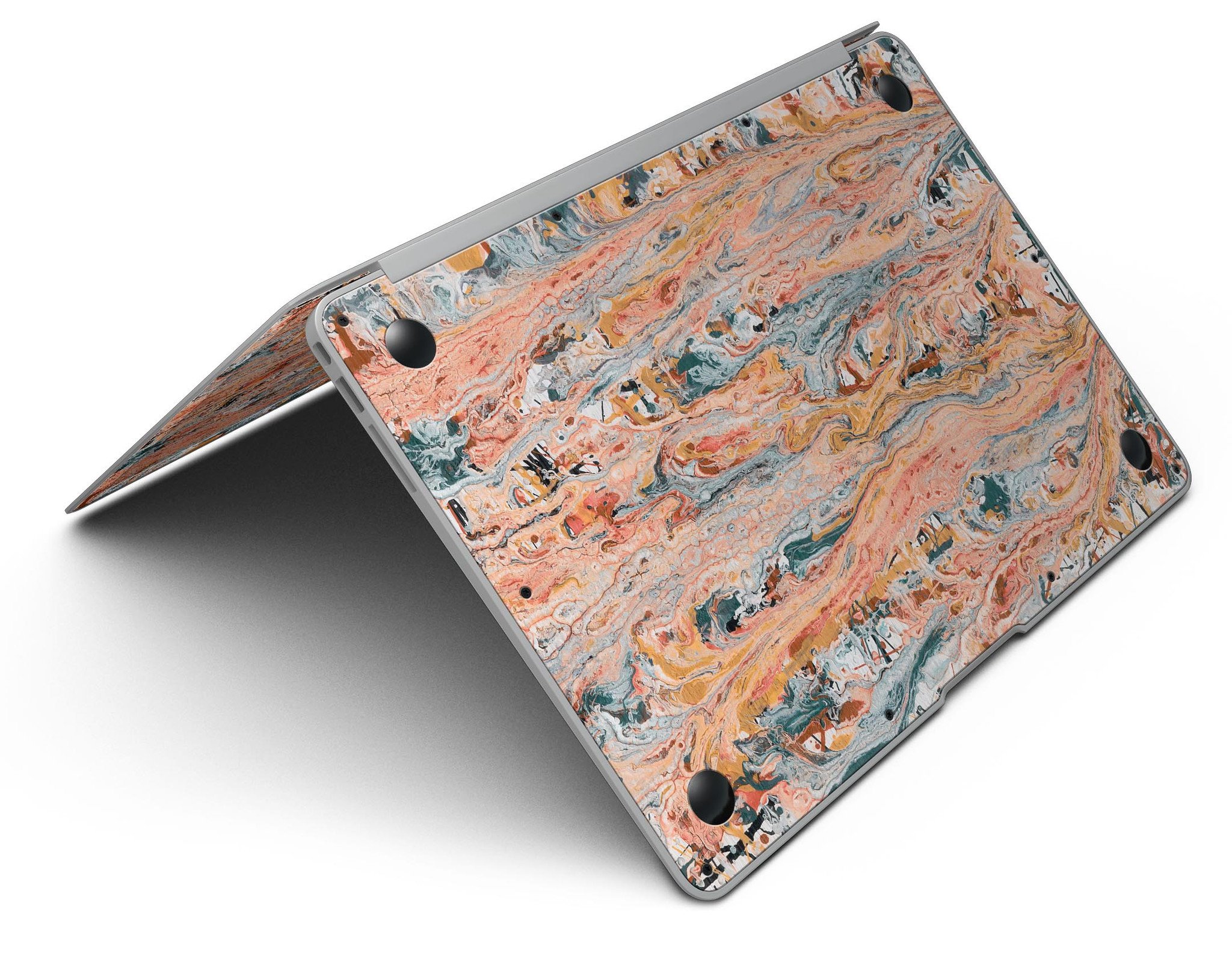 Abstract Wet Paint Coral Love skin kit for MacBook Air, showcasing vibrant coral design and premium vinyl material.