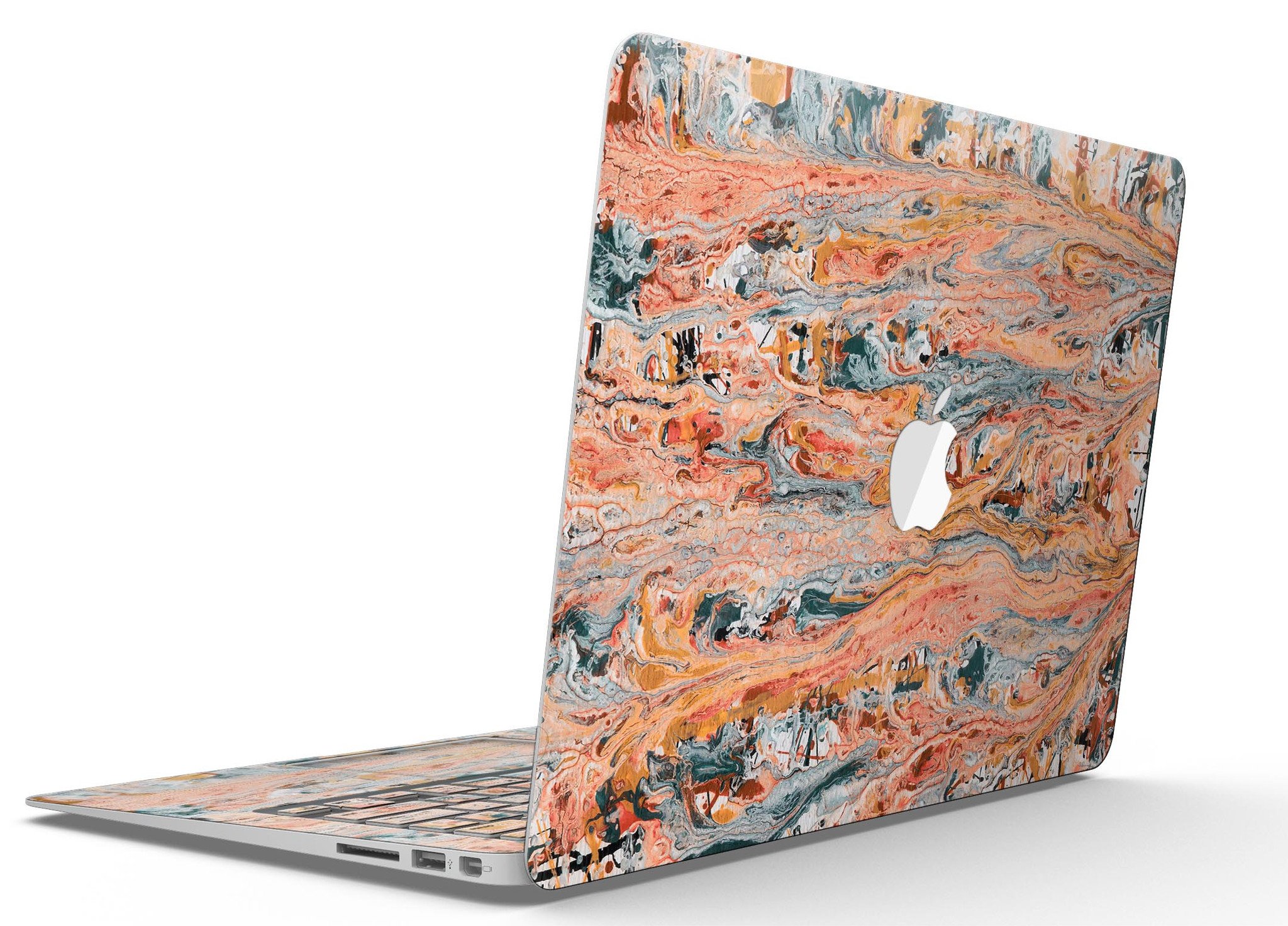 Abstract Wet Paint Coral Love skin kit for MacBook Air, showcasing vibrant coral design and premium vinyl material.