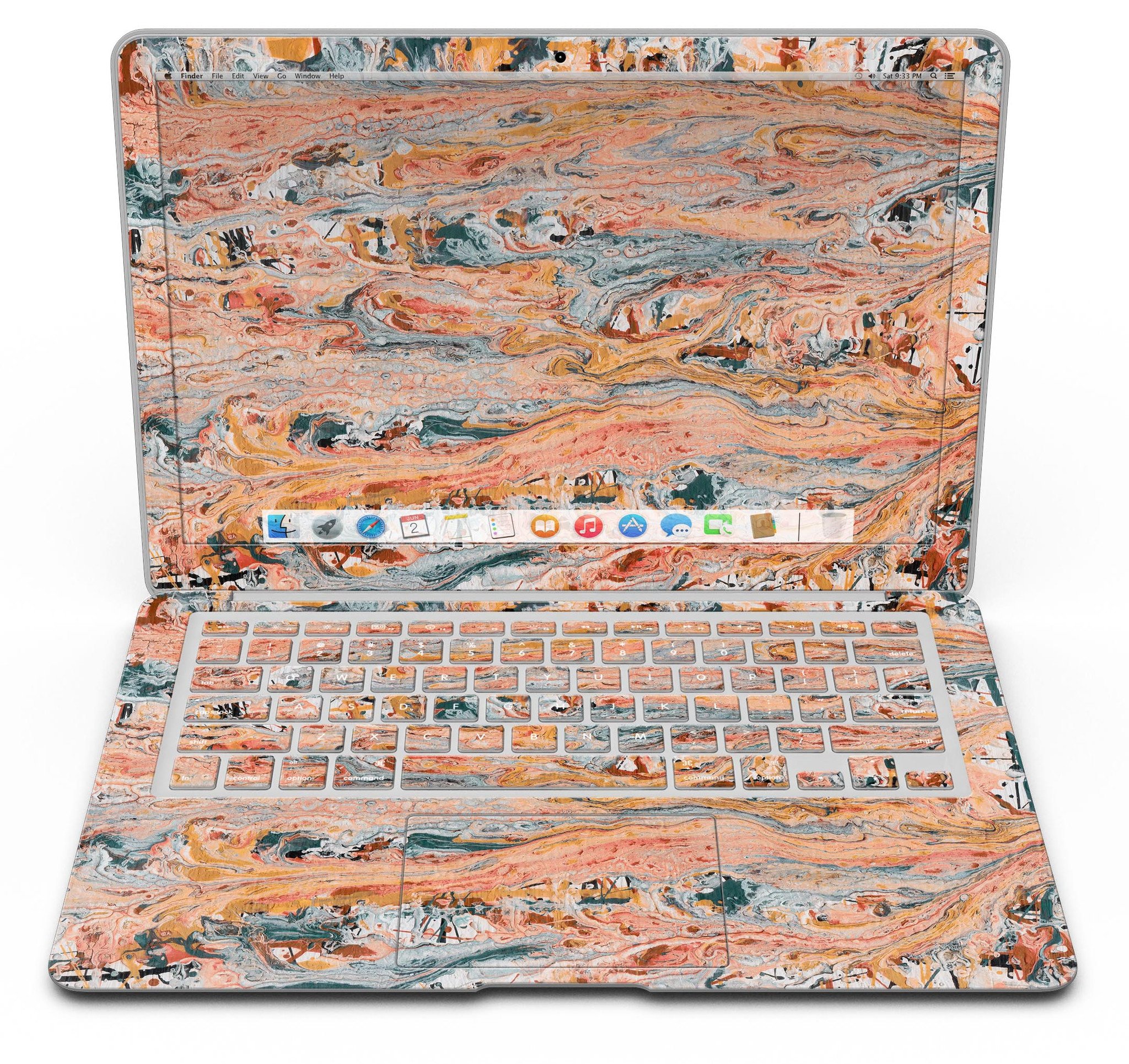 Abstract Wet Paint Coral Love skin kit for MacBook Air, showcasing vibrant coral design and premium vinyl material.