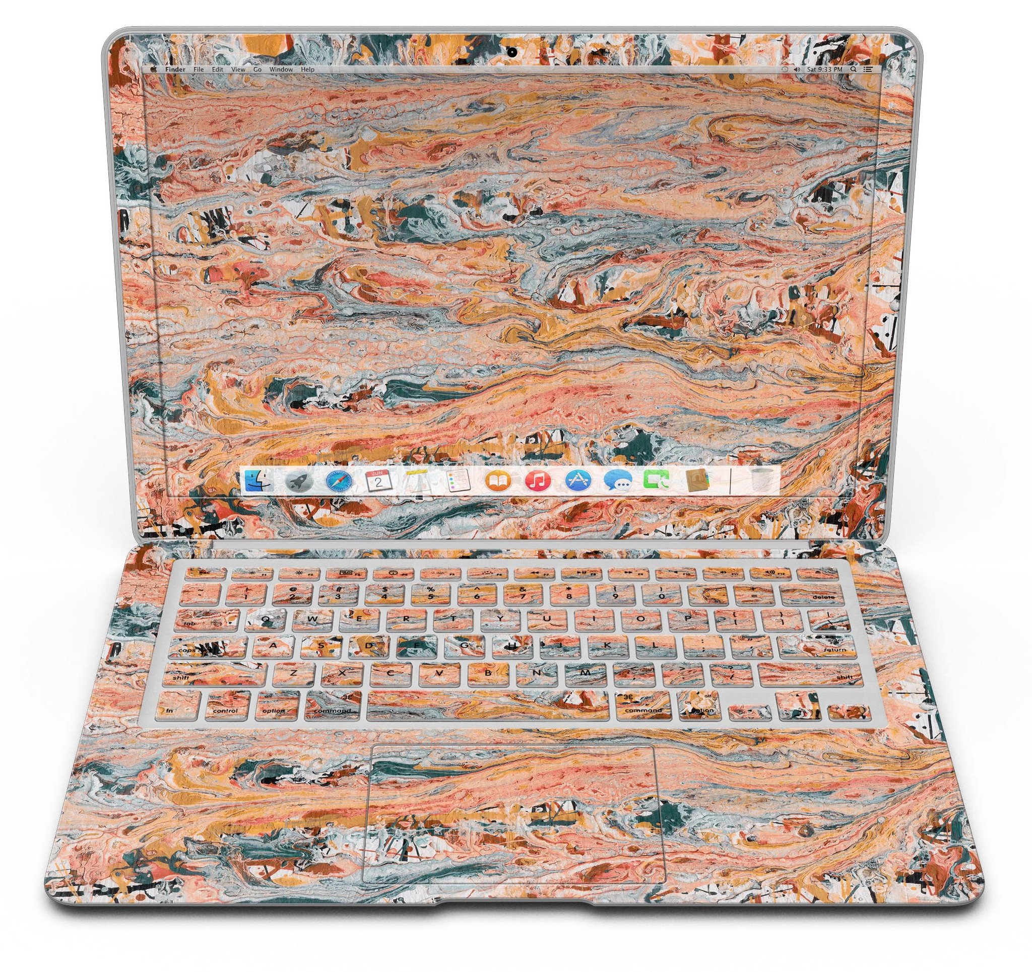 Abstract Wet Paint Coral Love skin kit for MacBook Air, showcasing vibrant coral design and premium vinyl material.