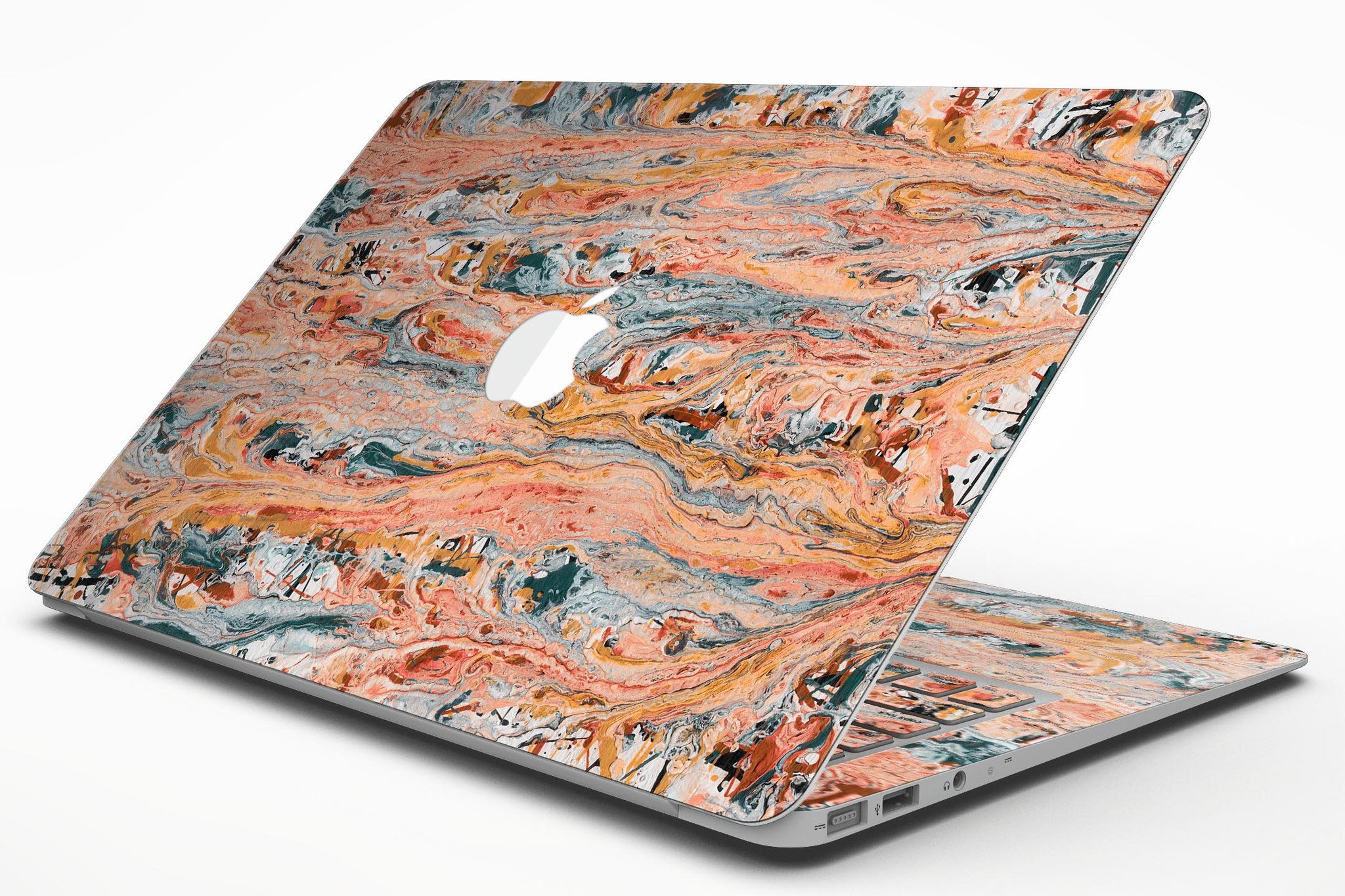 Abstract Wet Paint Coral Love skin kit for MacBook Air, showcasing vibrant coral design and premium vinyl material.