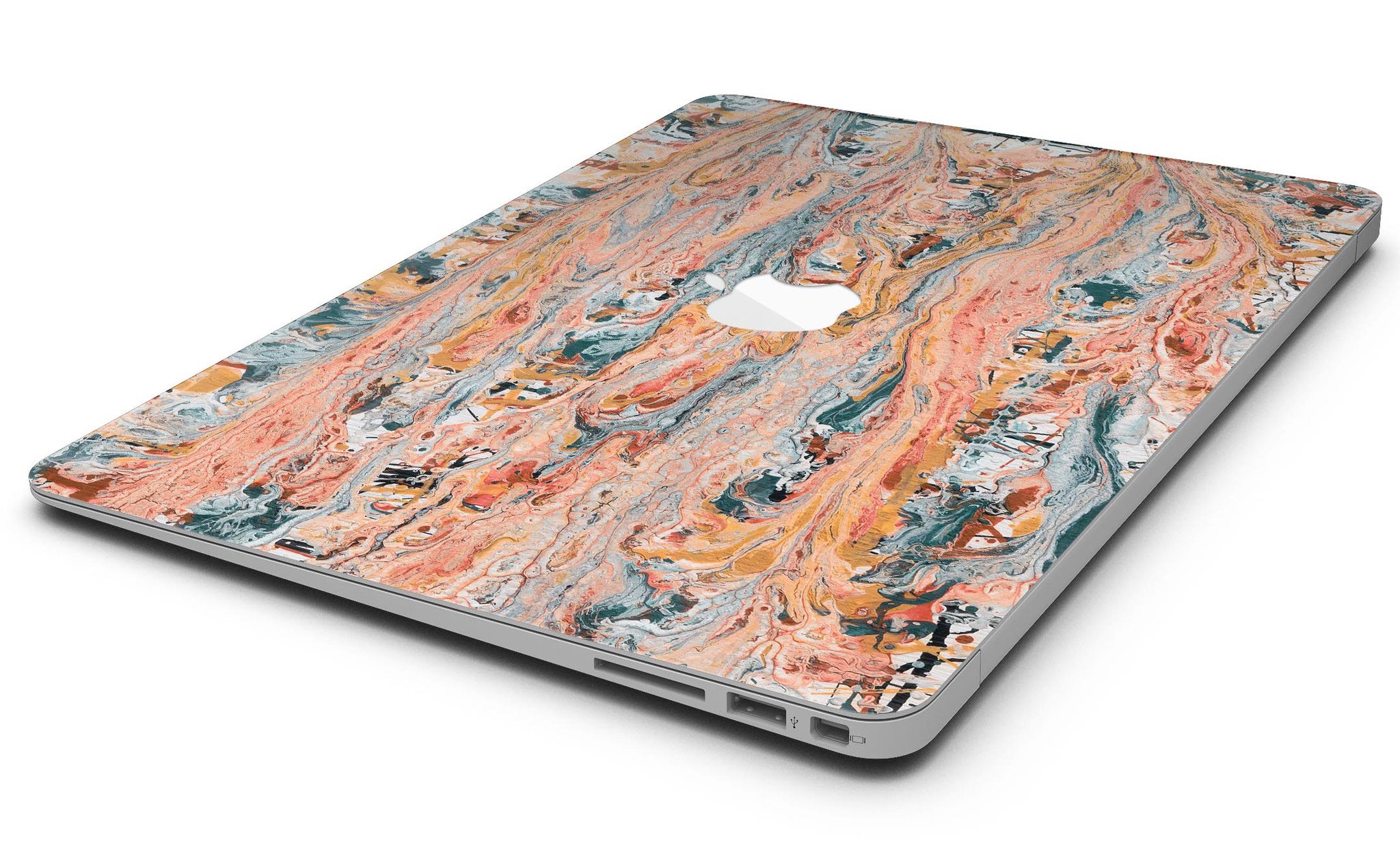 Abstract Wet Paint Coral Love skin kit for MacBook Air, showcasing vibrant coral design and premium vinyl material.