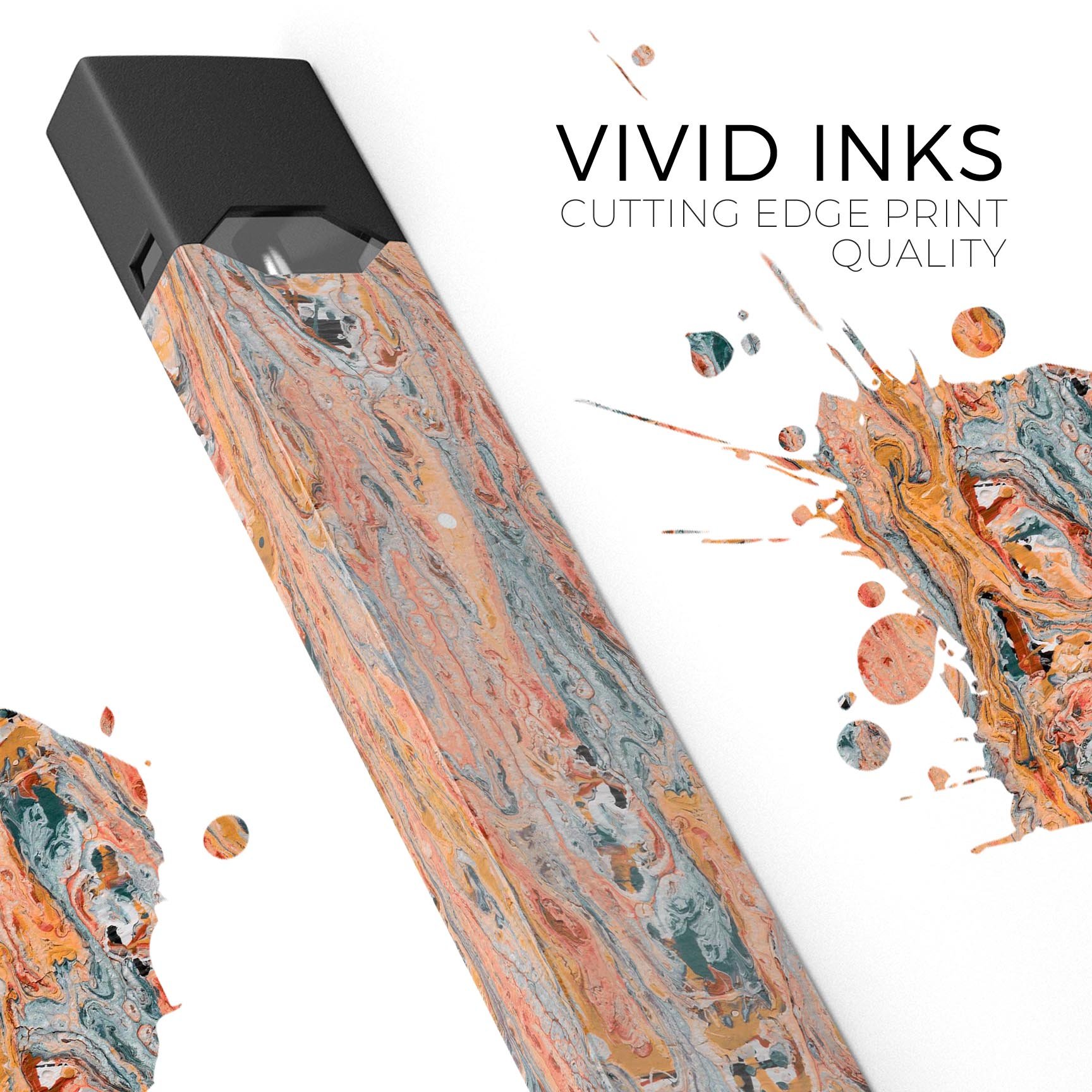 Abstract Wet Paint Coral Love skin-wrap for JUUL device, showcasing vibrant coral design and protective features.