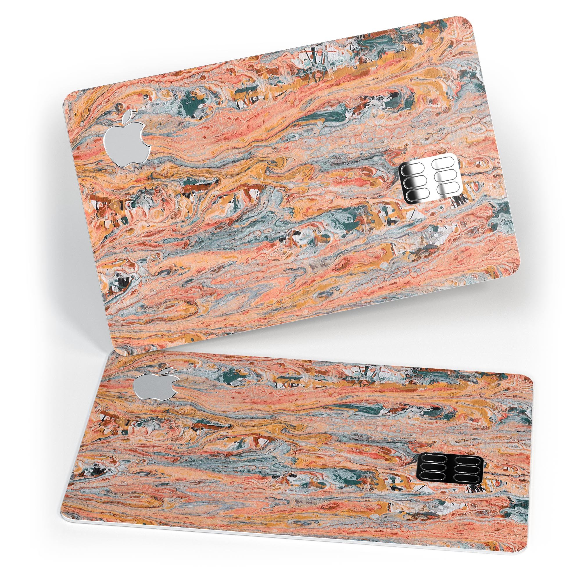 Abstract Wet Paint Coral Love decal skin for Apple Card, showcasing vibrant colors and a stylish design.