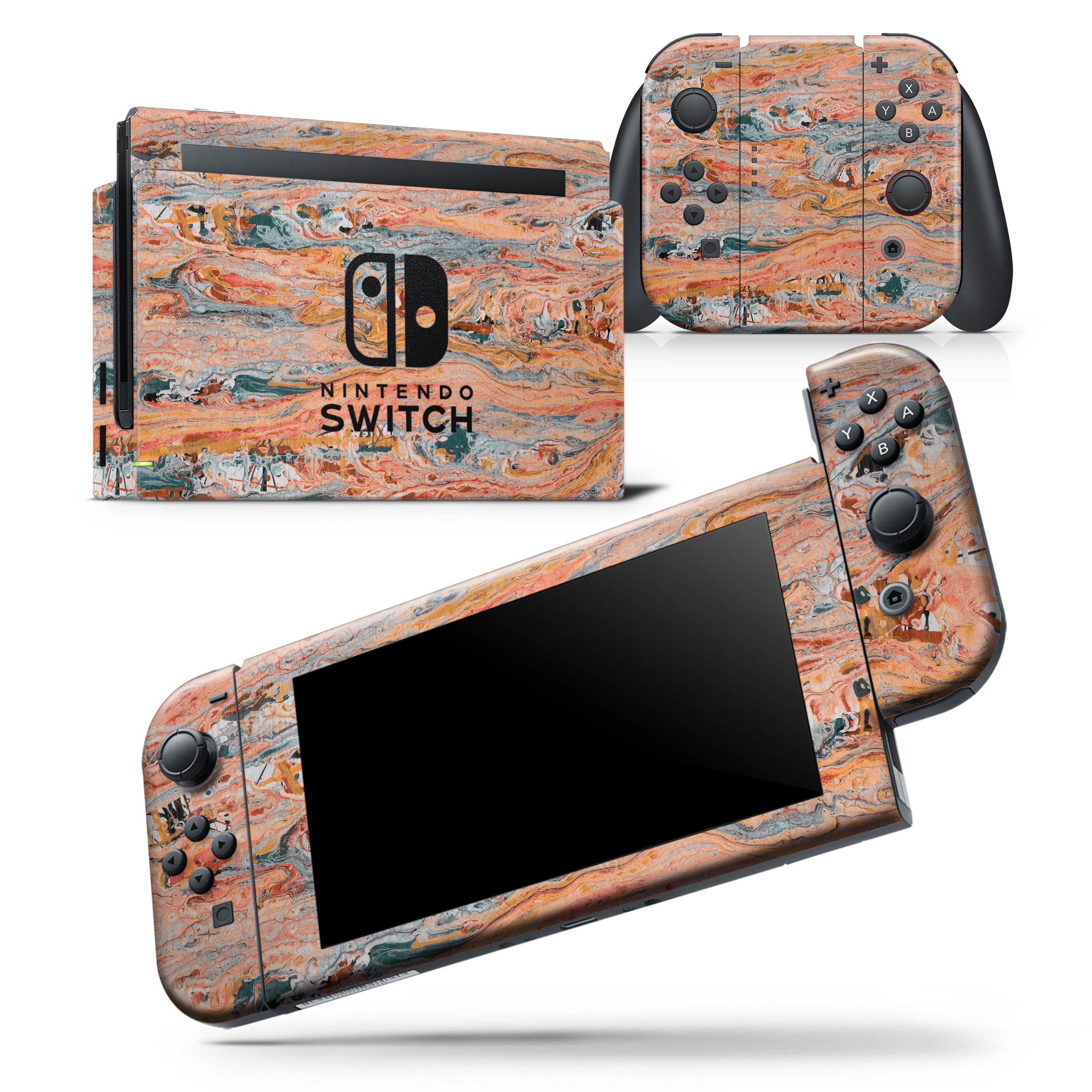 Abstract Wet Paint Coral Love skin wrap decal for Nintendo Switch, showcasing vibrant colors and a unique design.