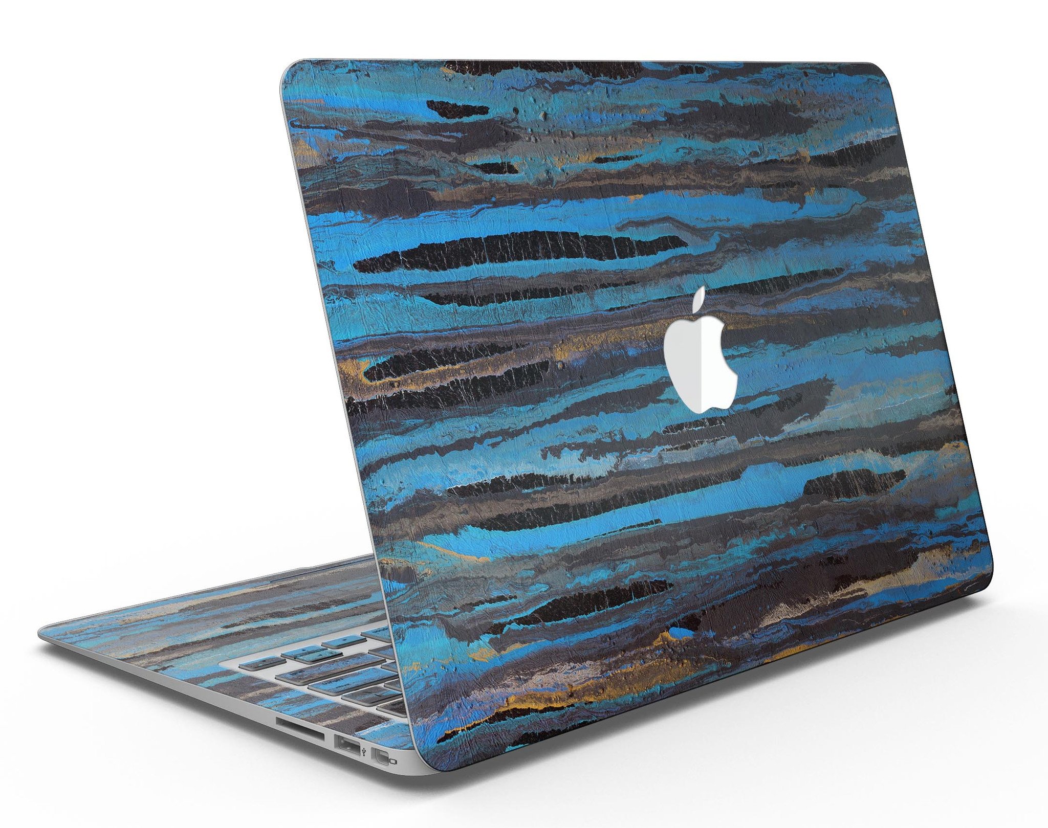 Abstract Wet Paint Dark Blues skin kit for MacBook Air, showcasing vibrant blue colors and artistic design.