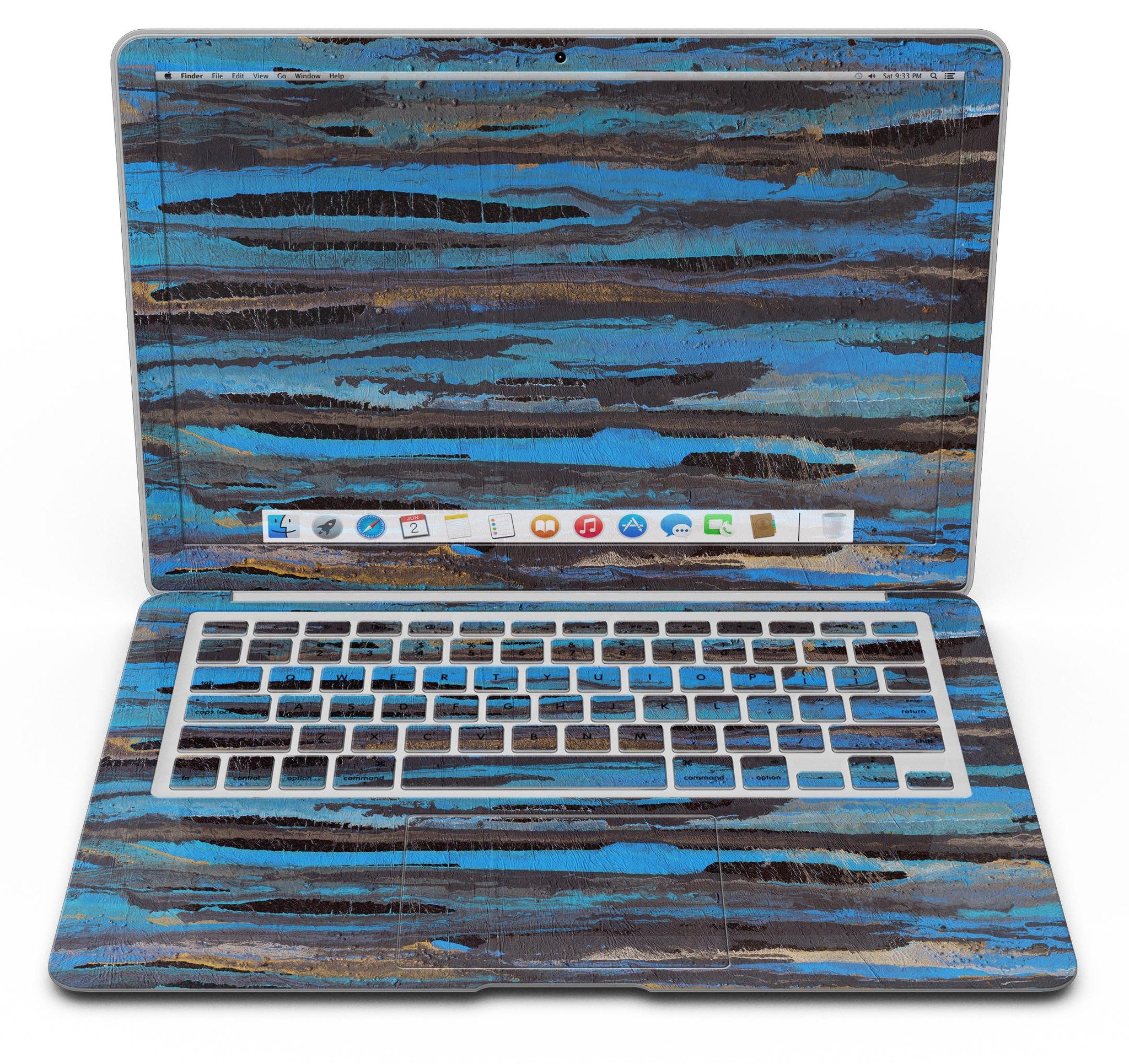 Abstract Wet Paint Dark Blues skin kit for MacBook Air, showcasing vibrant blue colors and artistic design.