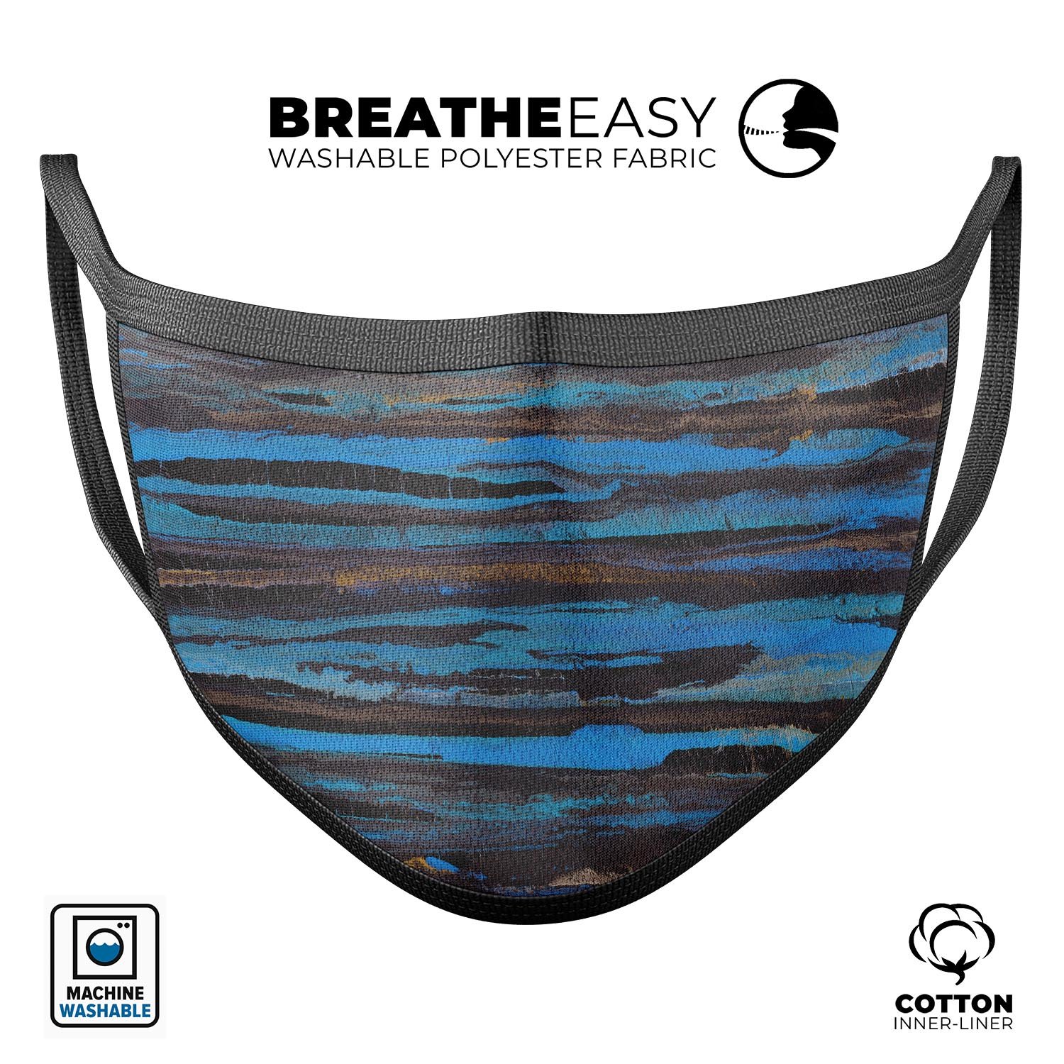 Abstract Wet Paint Dark Blues mouth cover, featuring a vibrant design and adjustable ear loops, made in the USA.