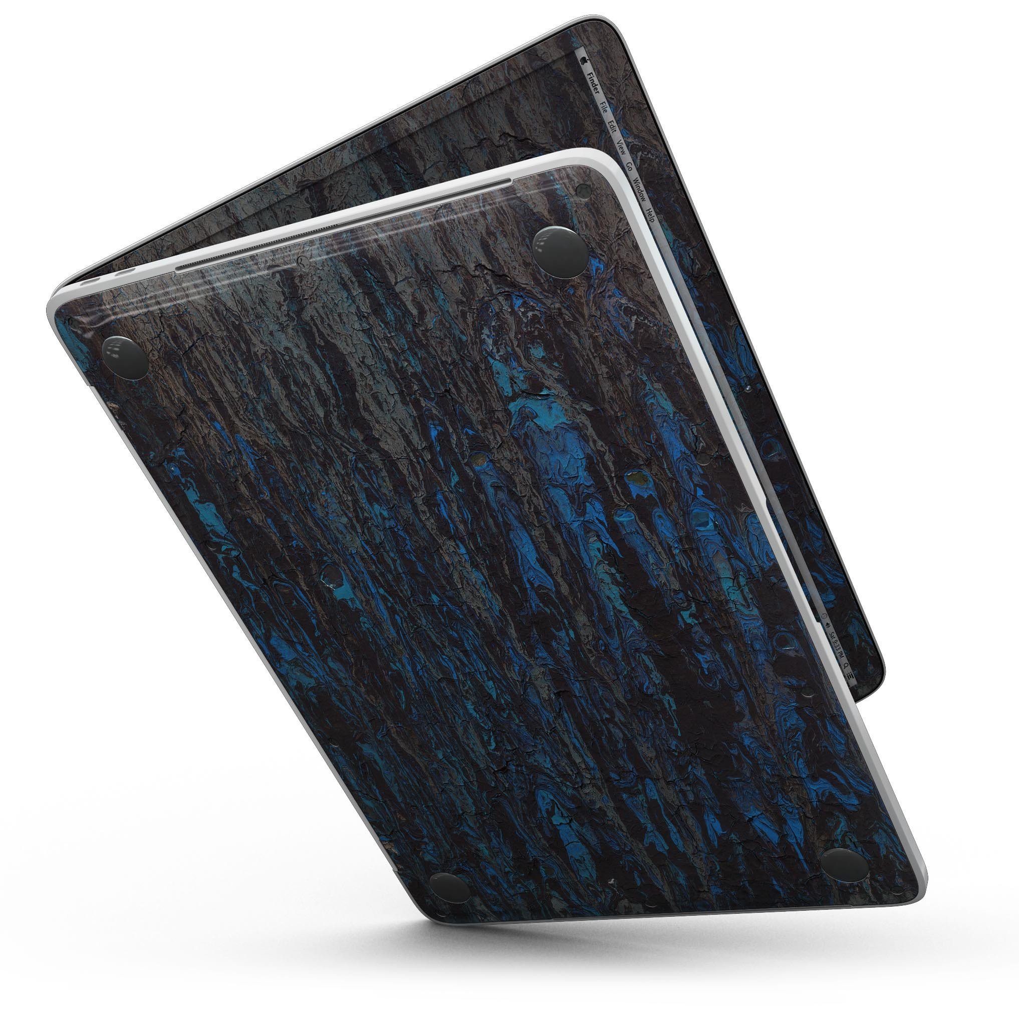 Abstract Wet Paint Dark Blues skin for 13" MacBook Pro without Touch Bar, showcasing vibrant colors and unique design.