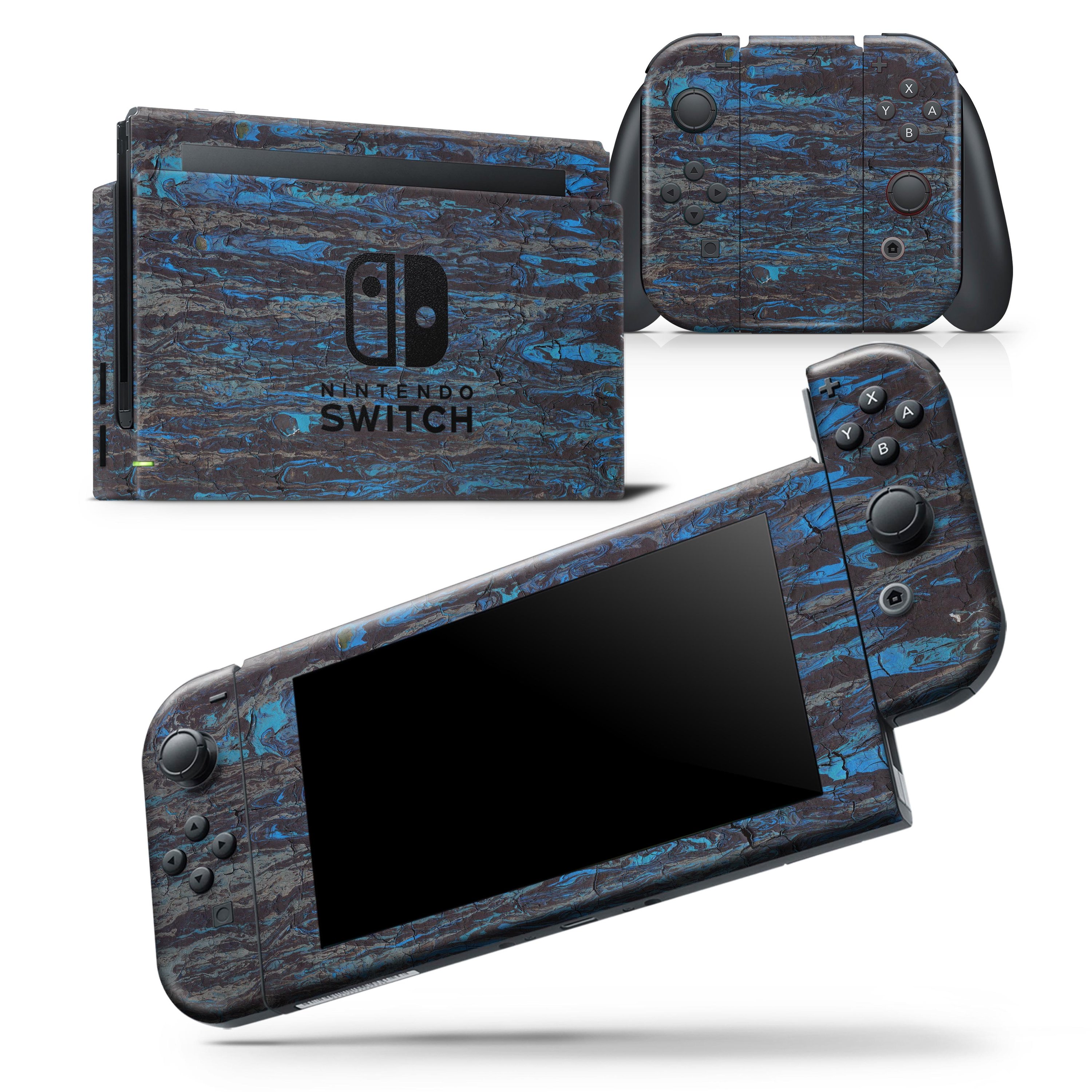 Abstract Wet Paint Dark Blues v2 skin wrap decal for Nintendo Switch, showcasing vibrant blue and dark paint splashes on a sleek vinyl surface.