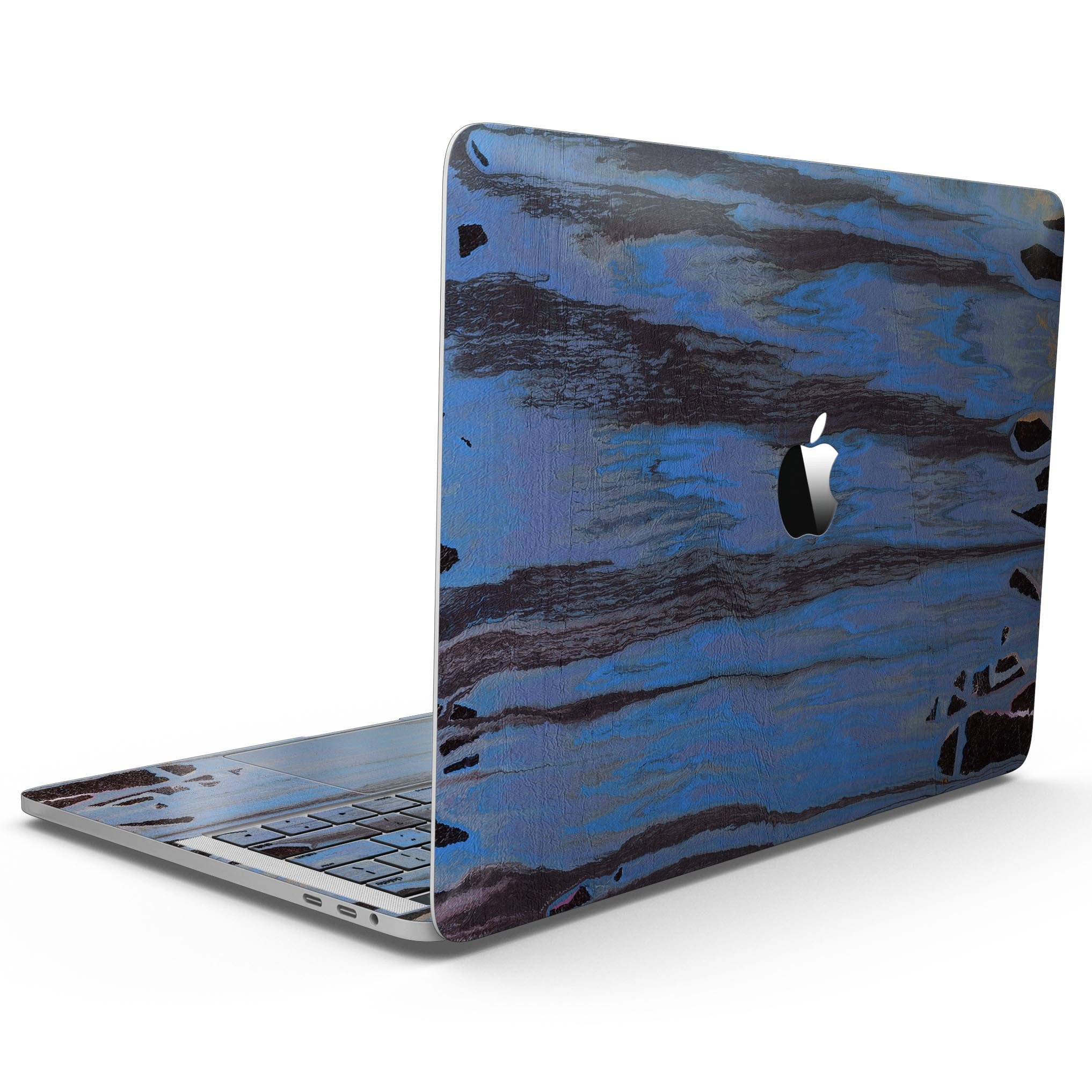 Abstract Wet Paint Dark Blues v3 skin kit for MacBook Pro with Touch Bar, showcasing vibrant blue and dark paint design.