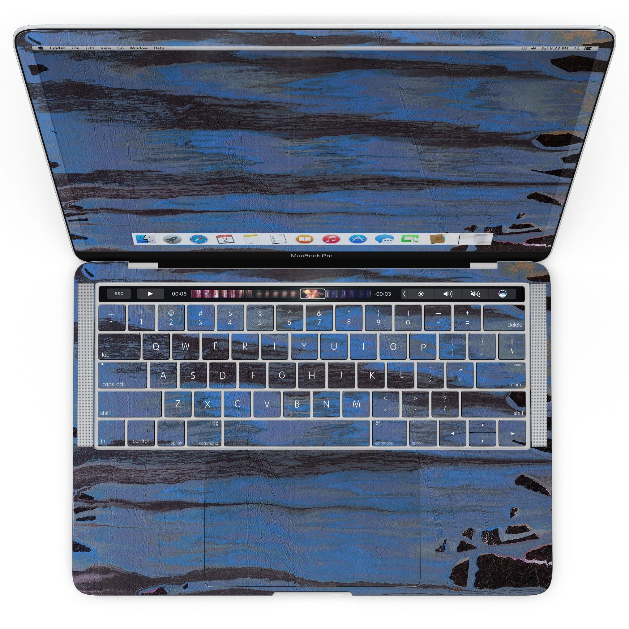 Abstract Wet Paint Dark Blues v3 skin kit for MacBook Pro with Touch Bar, showcasing vibrant blue and dark paint design.