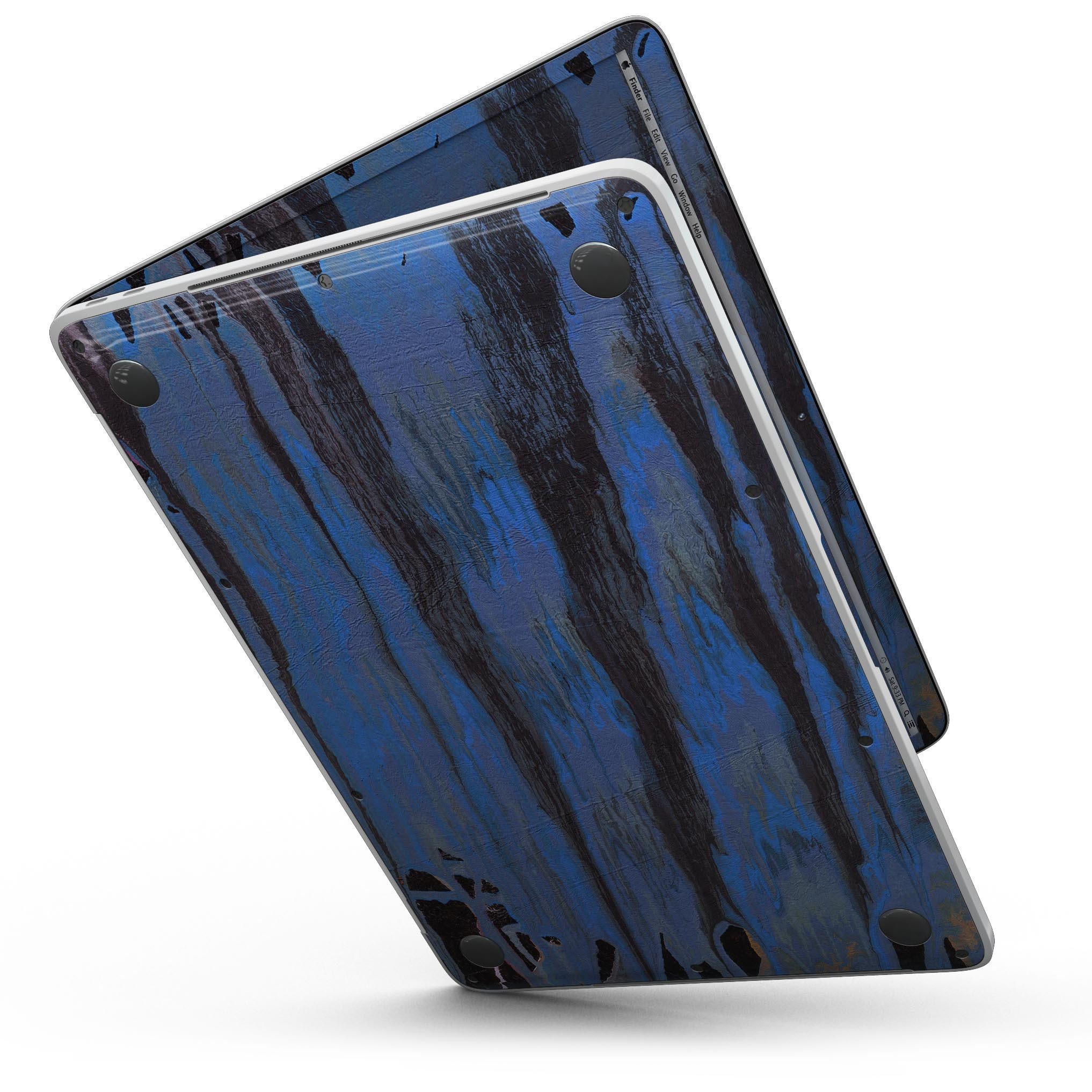 Abstract Wet Paint Dark Blues v3 skin kit for MacBook Pro with Touch Bar, showcasing vibrant blue and dark paint design.