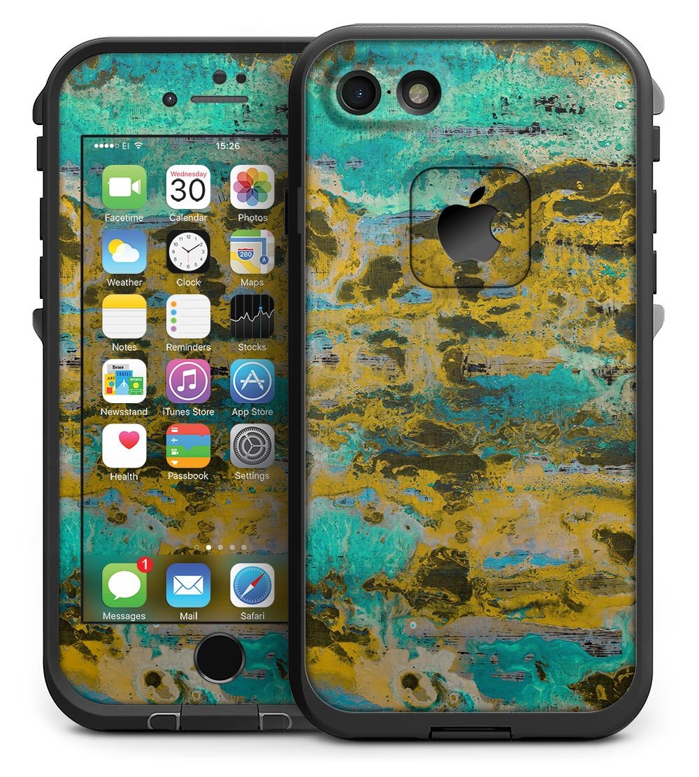 Abstract Wet Paint Gold skin kit for iPhone 7 LifeProof Fre Case, showcasing vibrant colors and unique design.