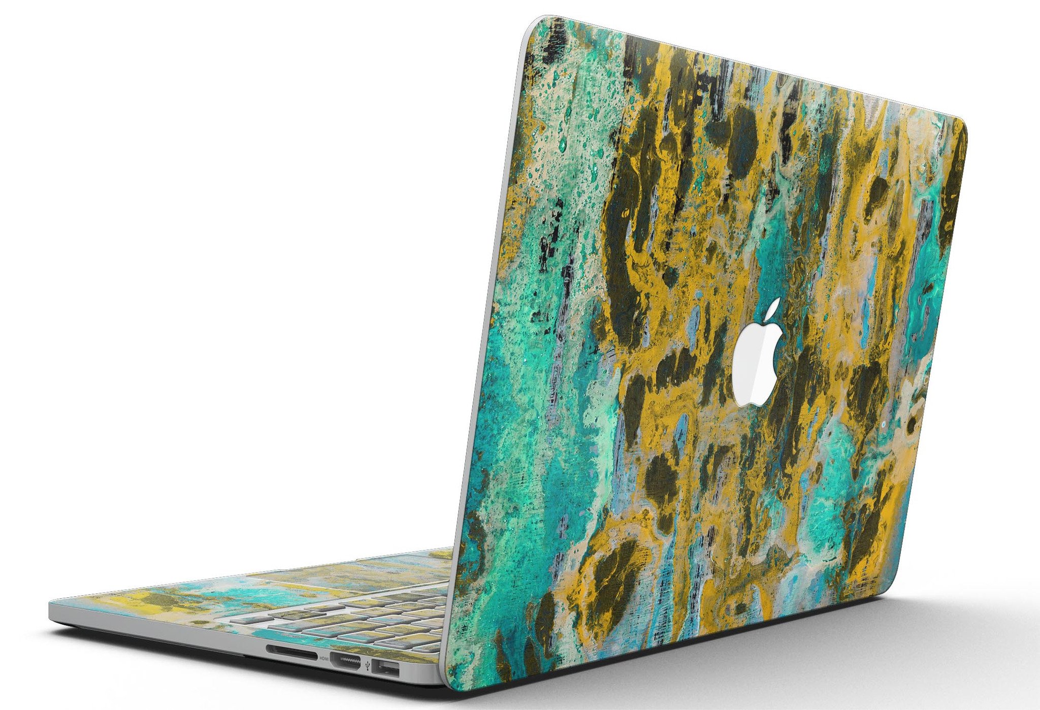 Abstract Wet Paint Gold skin for MacBook Pro with Retina Display, showcasing a vibrant and artistic design that enhances the device's appearance.