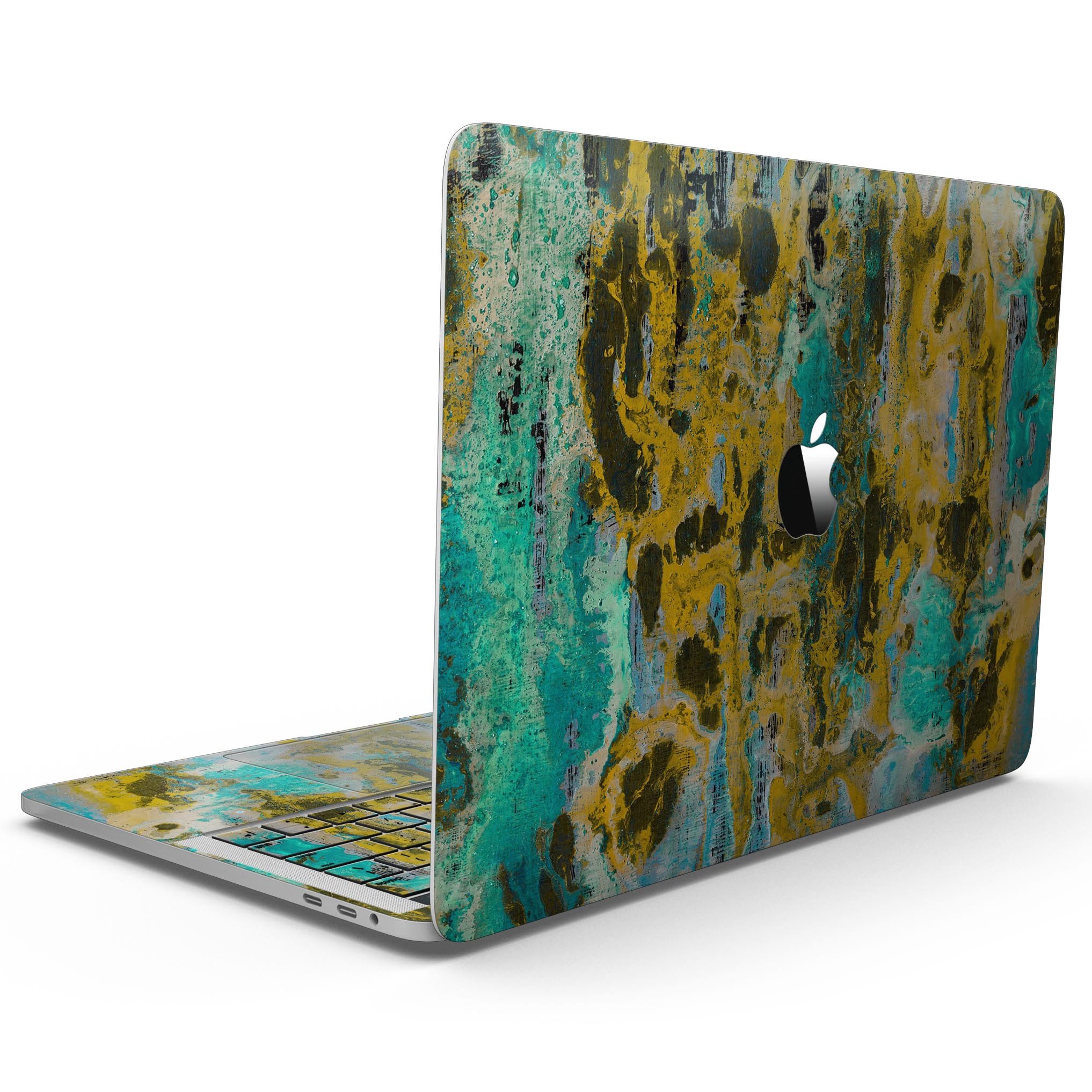 Abstract Wet Paint Gold skin kit for MacBook Pro with Touch Bar, showcasing vibrant colors and premium vinyl material.