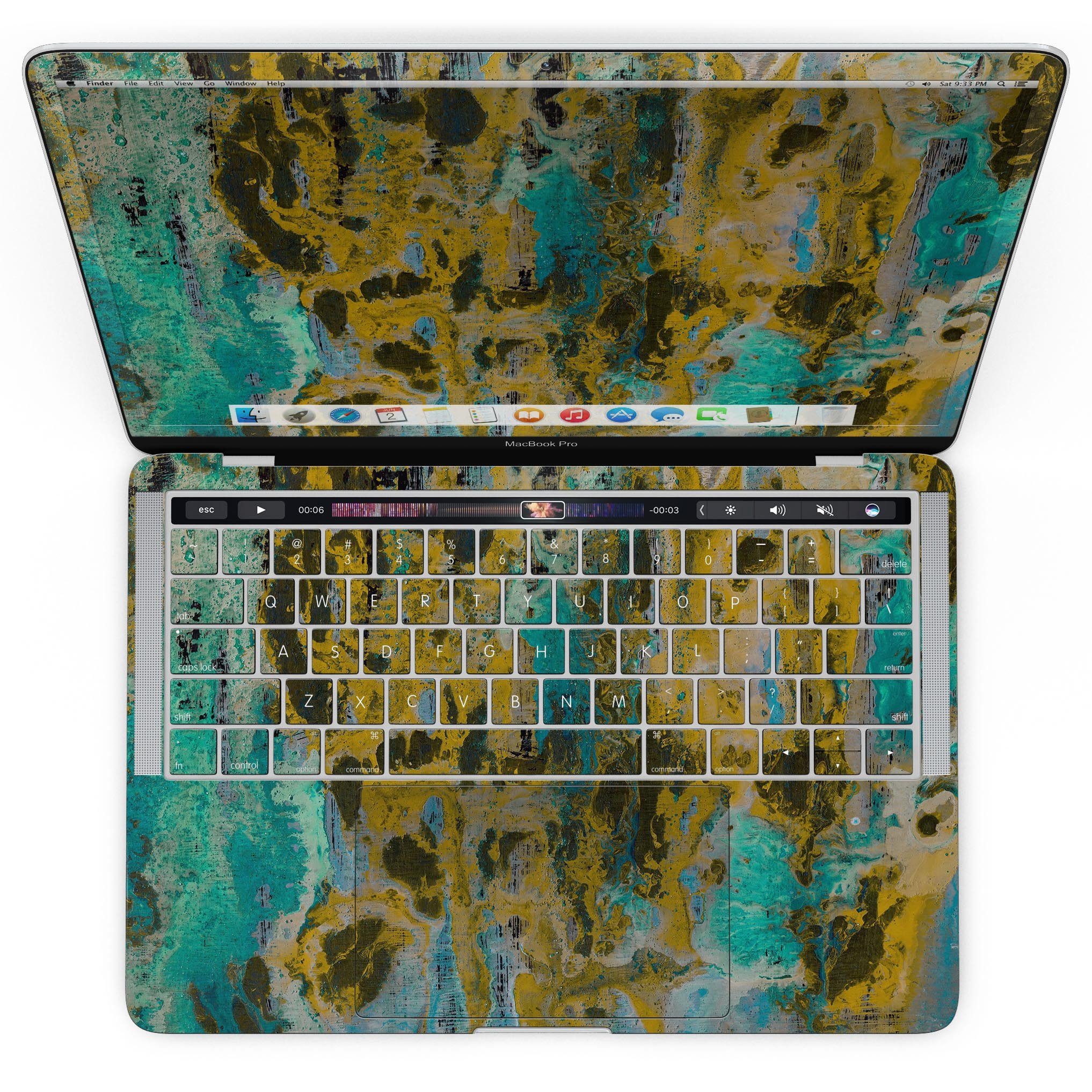 Abstract Wet Paint Gold skin kit for MacBook Pro with Touch Bar, showcasing vibrant colors and premium vinyl material.