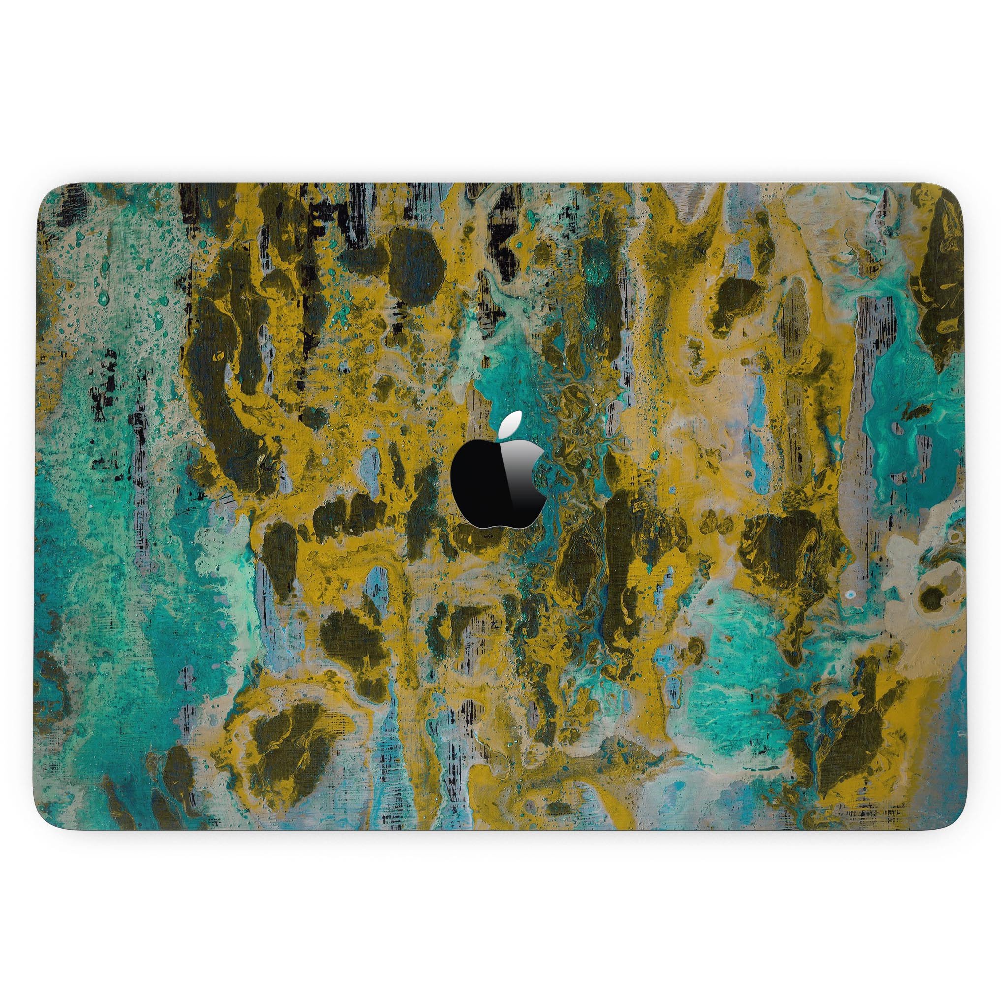 Abstract Wet Paint Gold skin kit for MacBook Pro with Touch Bar, showcasing vibrant colors and premium vinyl material.