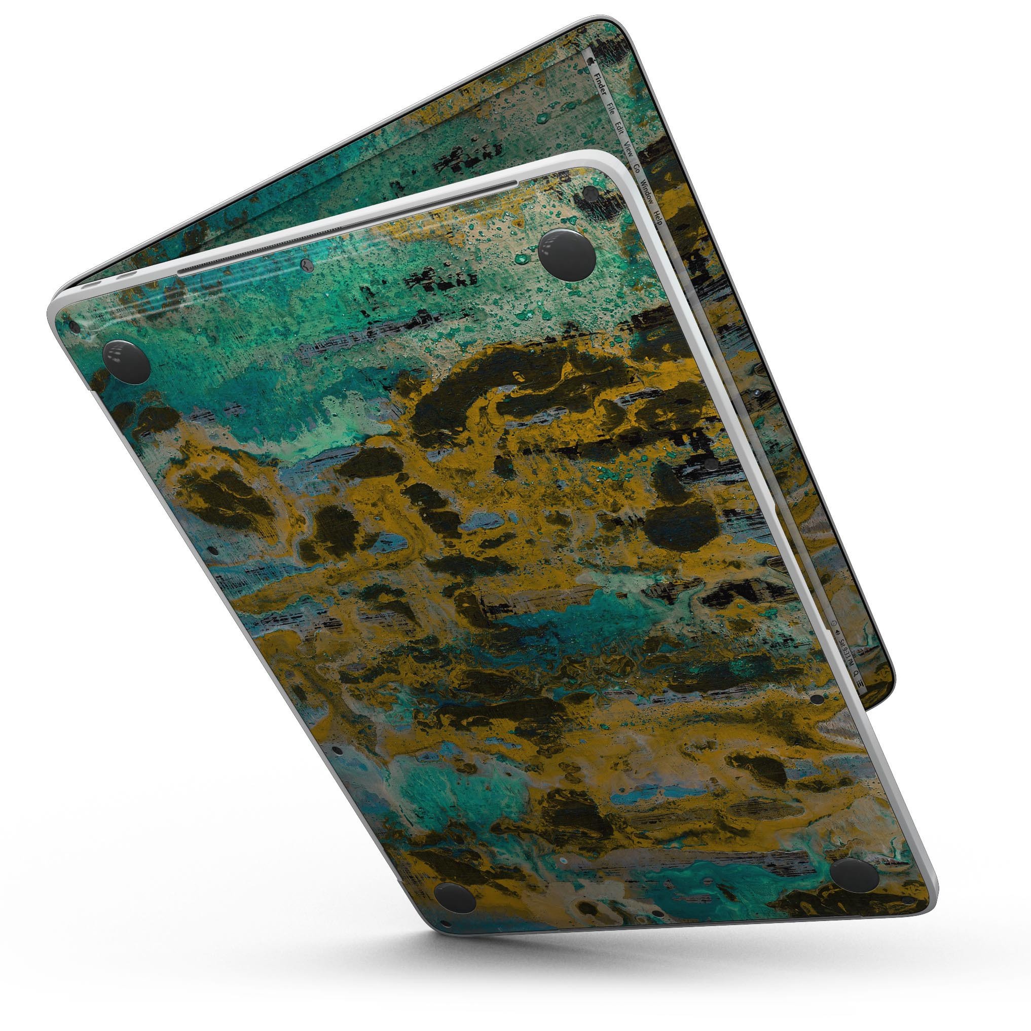 Abstract Wet Paint Gold skin kit for MacBook Pro with Touch Bar, showcasing vibrant colors and premium vinyl material.