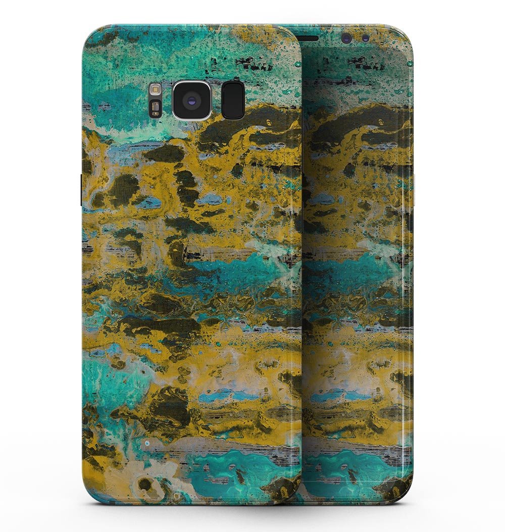 Samsung Galaxy S8 with Abstract Wet Paint Gold full-body skin, showcasing vibrant colors and unique design.