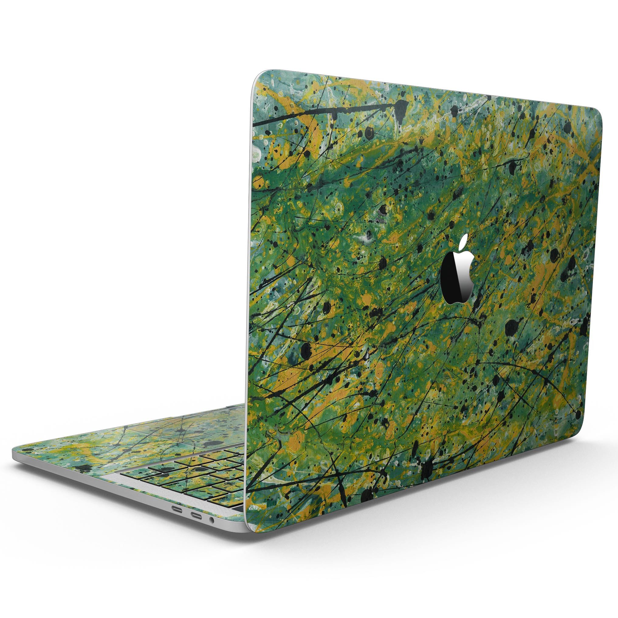 Abstract Wet Paint Green Lines skin for 13" MacBook Pro without Touch Bar, showcasing vibrant green lines on a sleek surface.