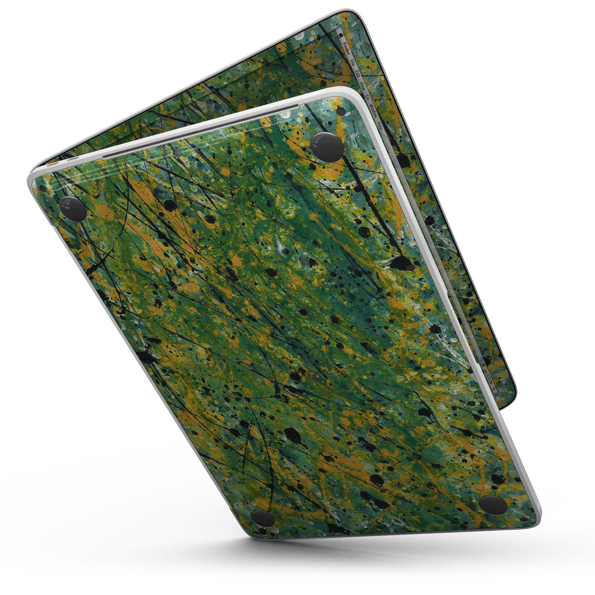 Abstract Wet Paint Green Lines skin for 13" MacBook Pro without Touch Bar, showcasing vibrant green lines on a sleek surface.