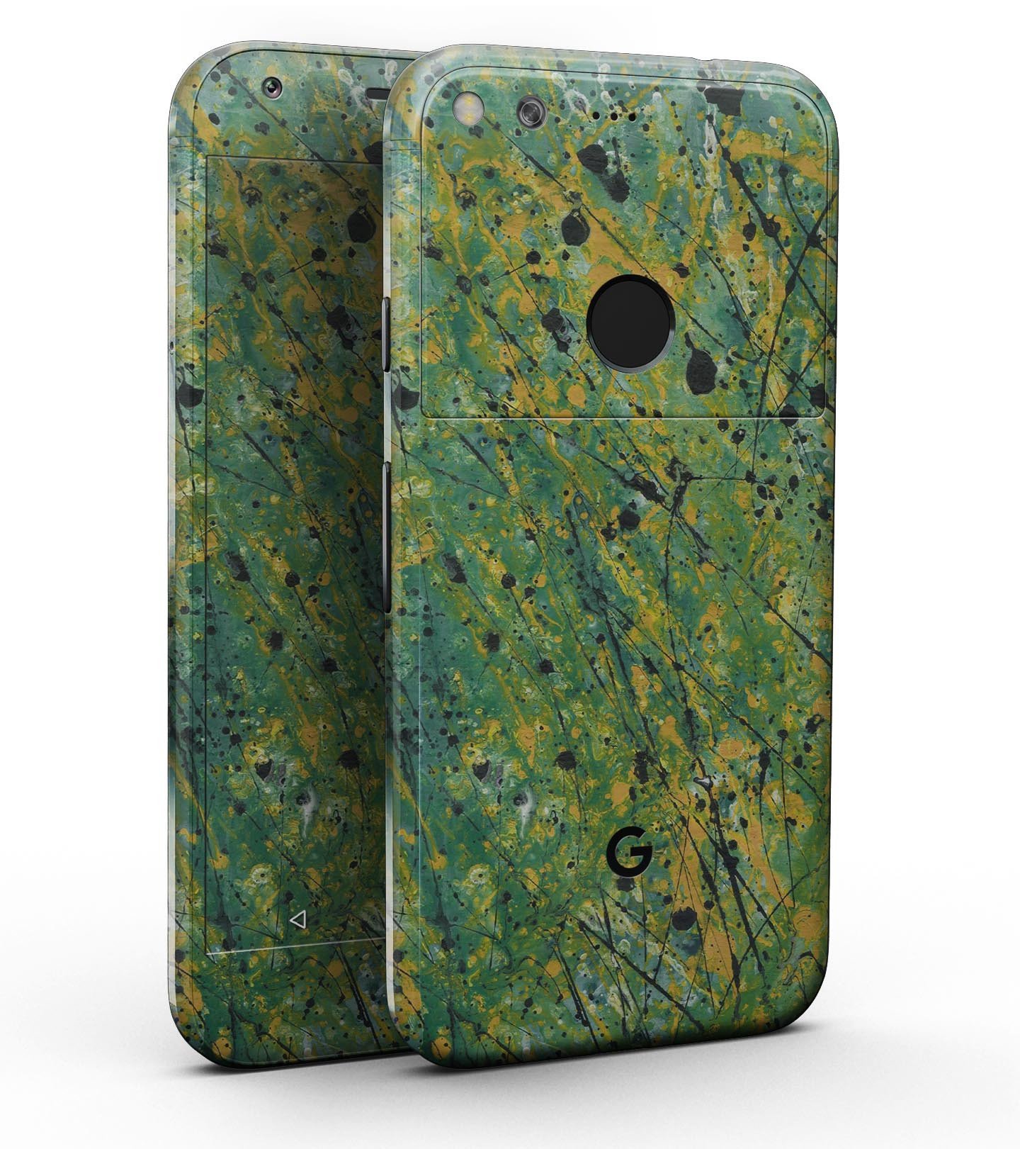 Abstract Wet Paint Green Lines Full-Body Skin Kit for Google Pixel, showcasing vibrant green lines on a sleek surface.