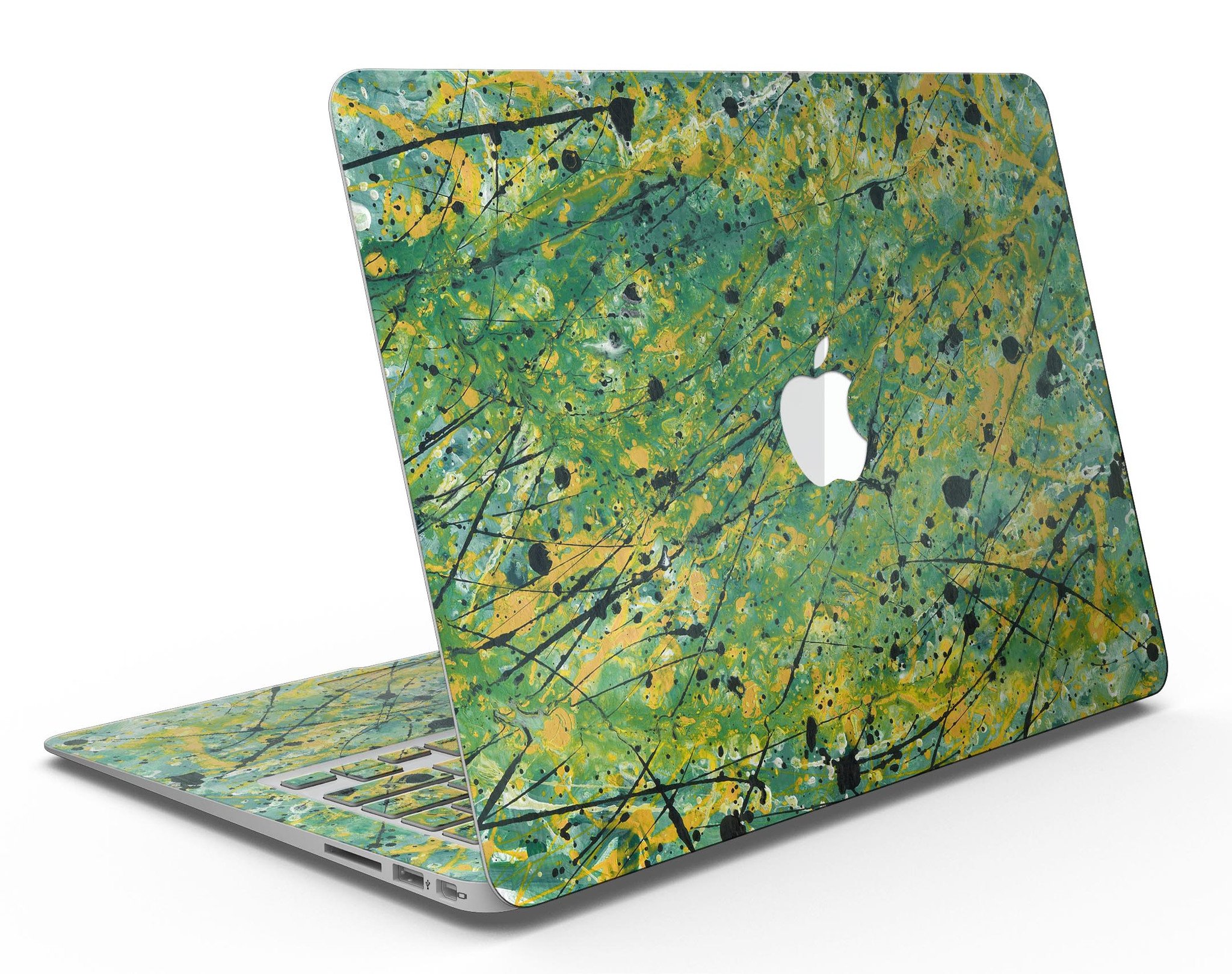 Abstract Wet Paint Green Lines skin kit for MacBook Air, showcasing vibrant green lines on a sleek vinyl surface.