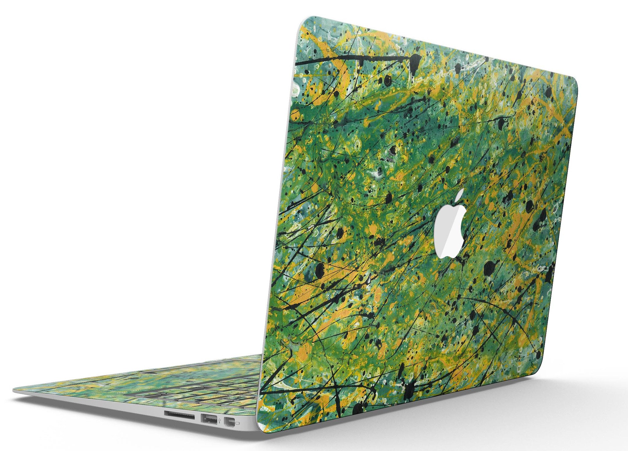 Abstract Wet Paint Green Lines skin kit for MacBook Air, showcasing vibrant green lines on a sleek vinyl surface.