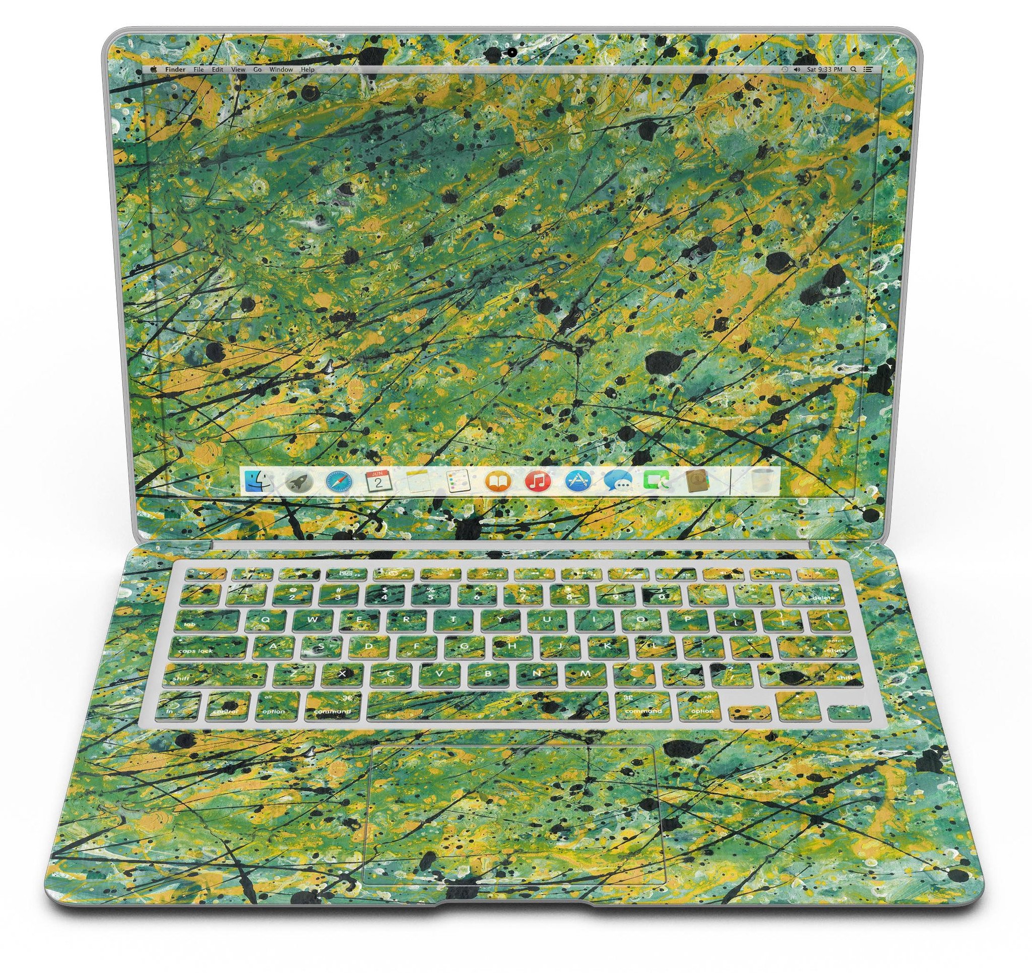 Abstract Wet Paint Green Lines skin kit for MacBook Air, showcasing vibrant green lines on a sleek vinyl surface.