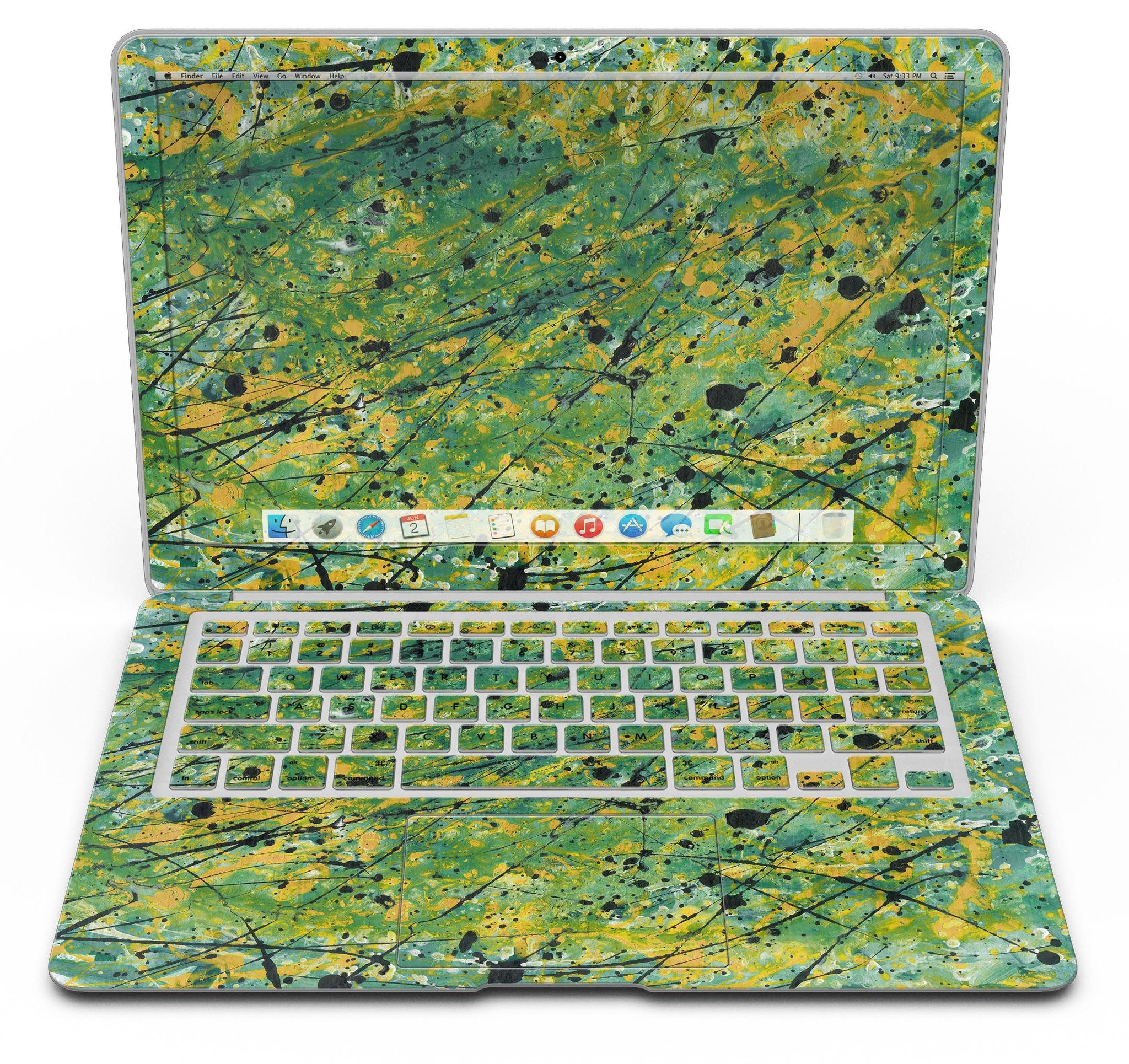 Abstract Wet Paint Green Lines skin kit for MacBook Air, showcasing vibrant green lines on a sleek vinyl surface.