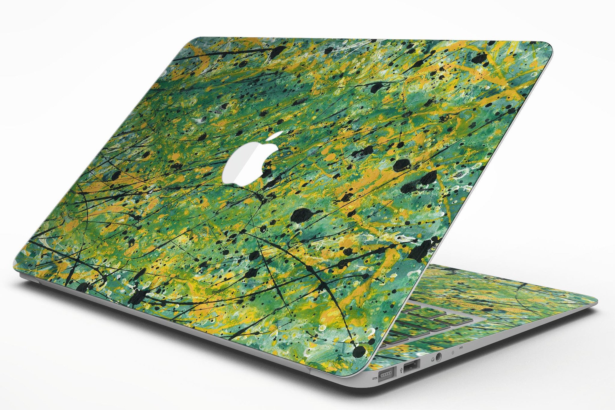 Abstract Wet Paint Green Lines skin kit for MacBook Air, showcasing vibrant green lines on a sleek vinyl surface.